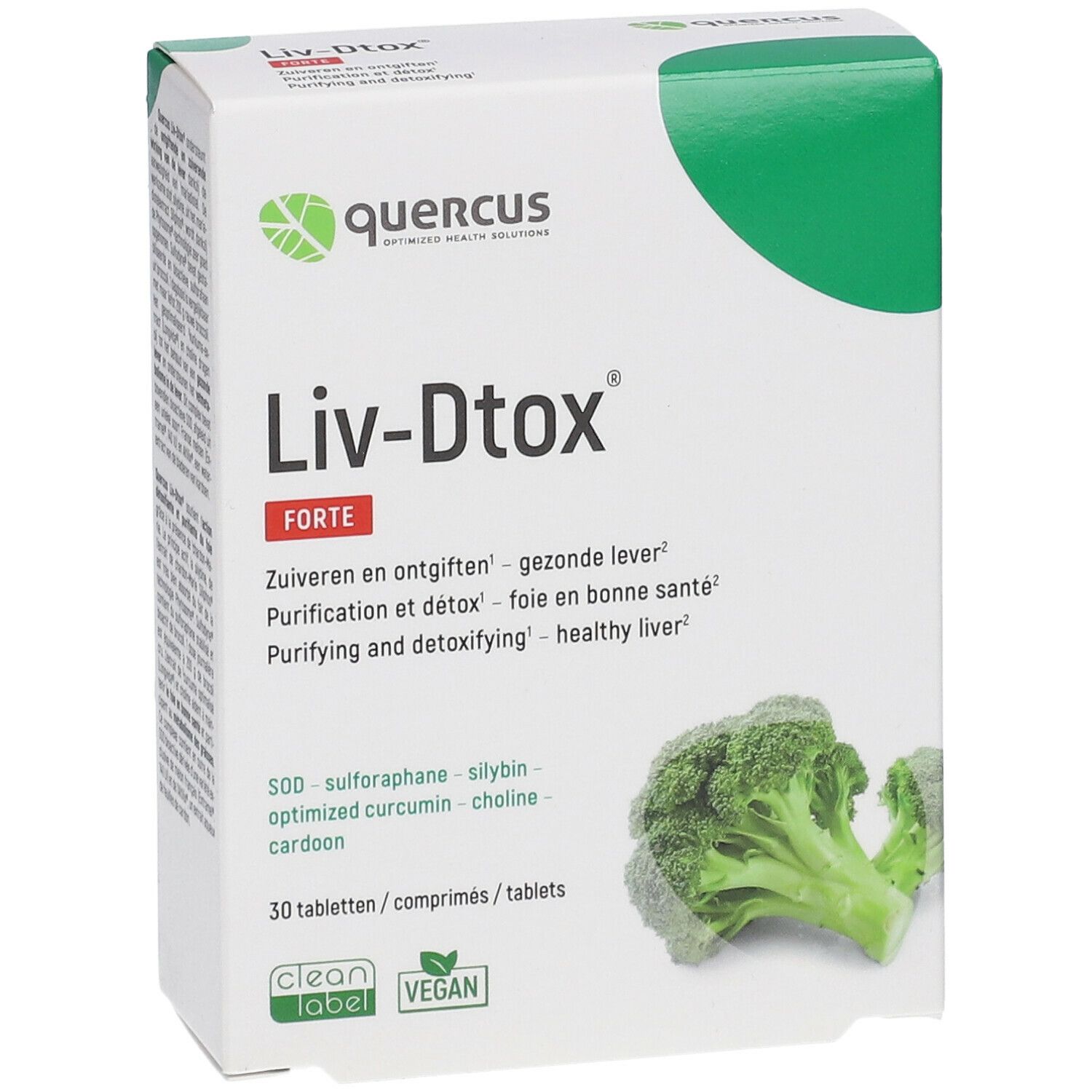 Quercus Liv-Dtox Forte verpakking. Bevat 30 tabletten. Met broccoli-afbeelding. Vegan en Clean Label keurmerk.