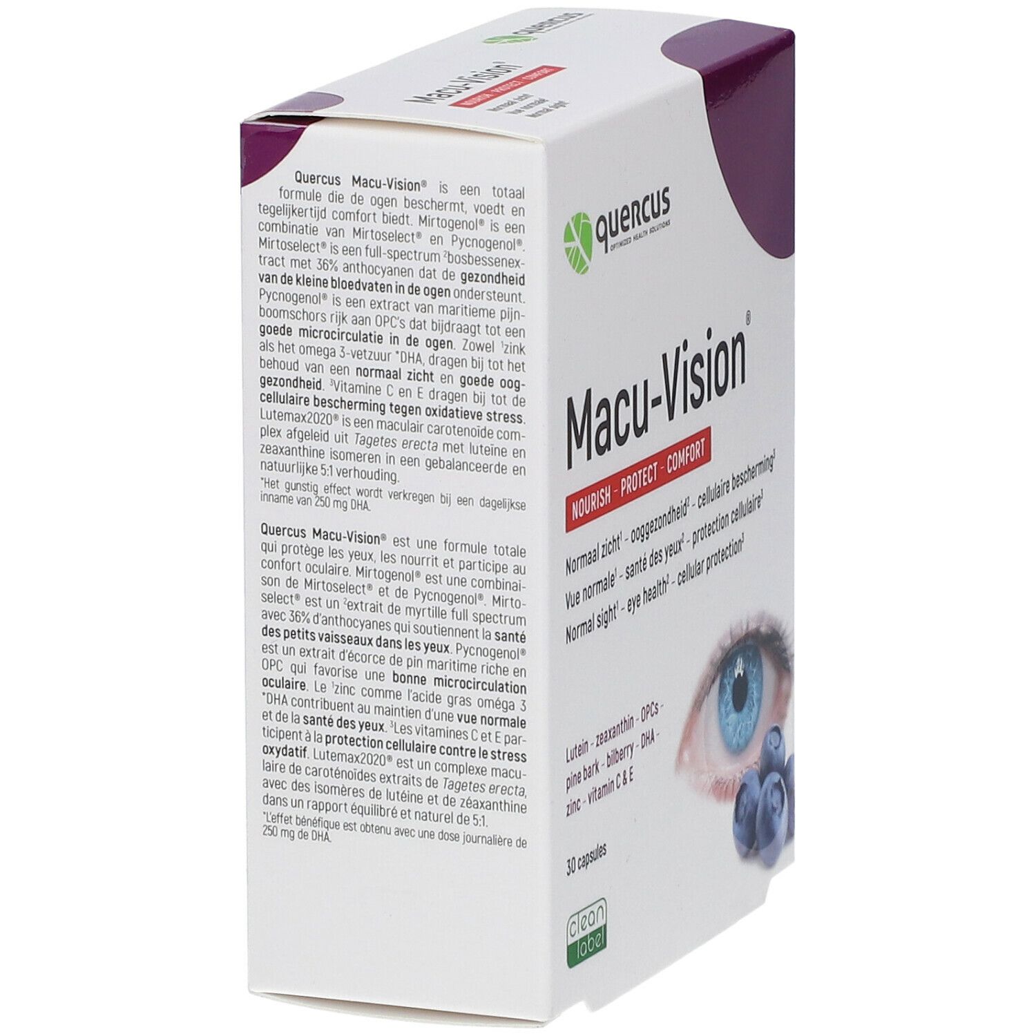 Boîte Quercus Macu-Vision®. Vue latérale. Carton blanc avec accents violets. Nom du produit et ingrédients imprimés. Illustration d'un œil et de myrtilles.