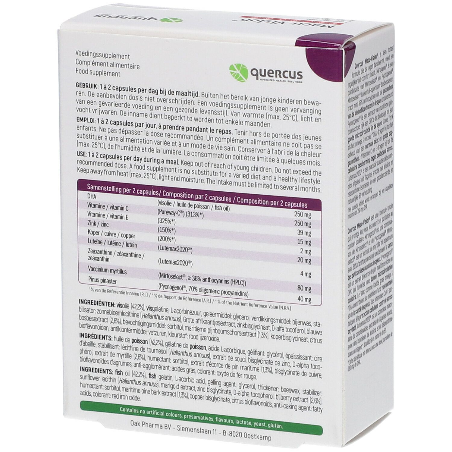 Dos de la boîte Quercus Macu-Vision®. Contient des informations sur les ingrédients et le dosage. Carton blanc avec accents violets.