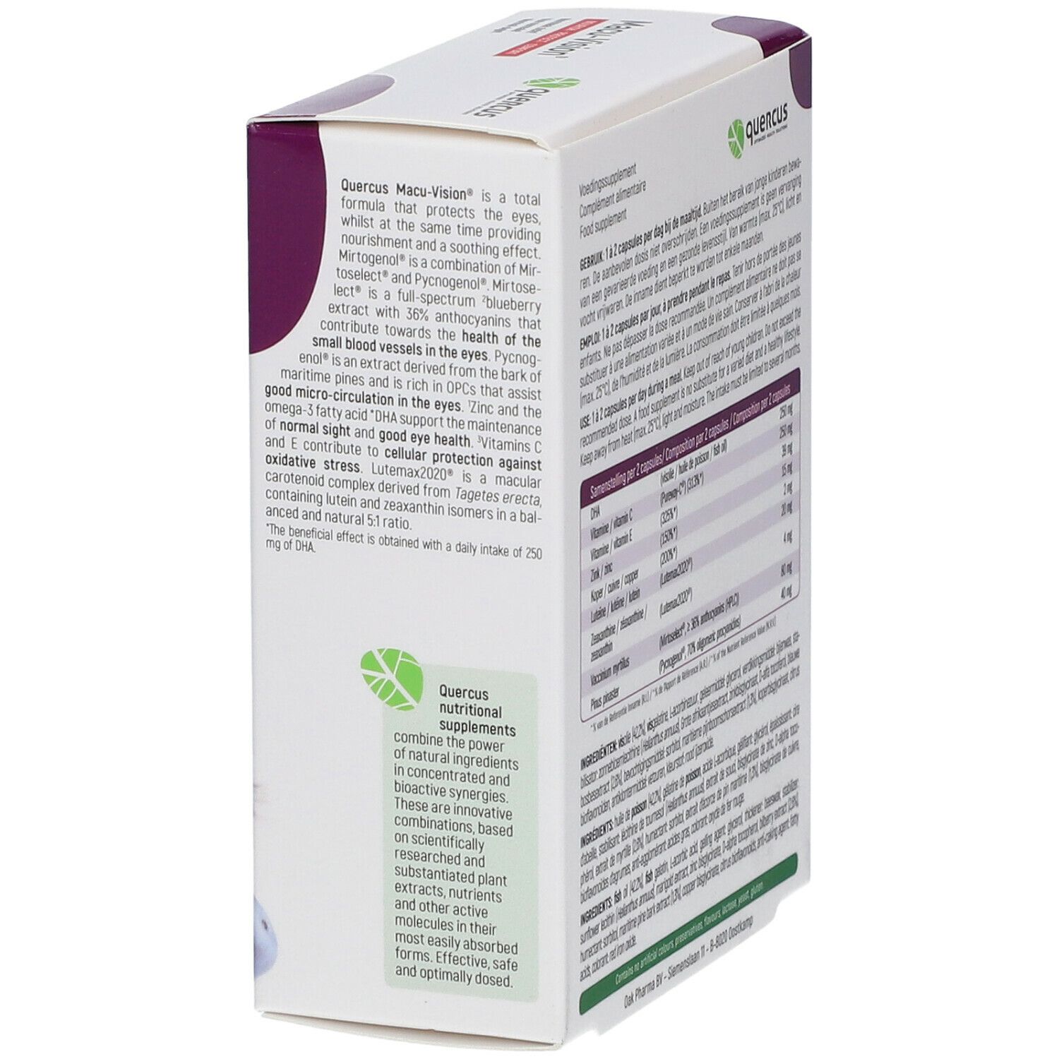 Boîte Quercus Macu-Vision®. Vue latérale. Contient des informations sur le produit. Carton blanc avec accents violets. Logo vert.