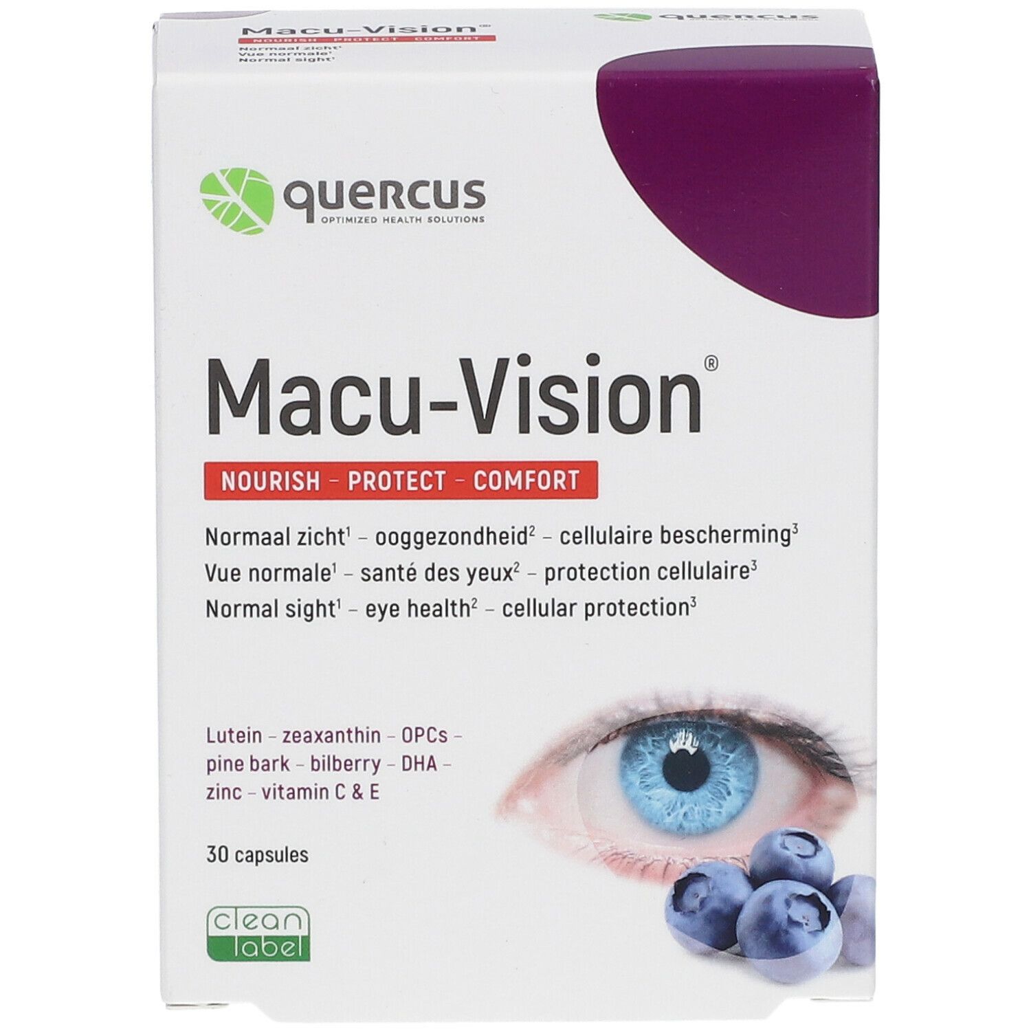Boîte Quercus Macu-Vision®. Vue de face. Carton blanc avec accents violets. Nom du produit et ingrédients imprimés. Illustration d'un œil et de myrtilles.