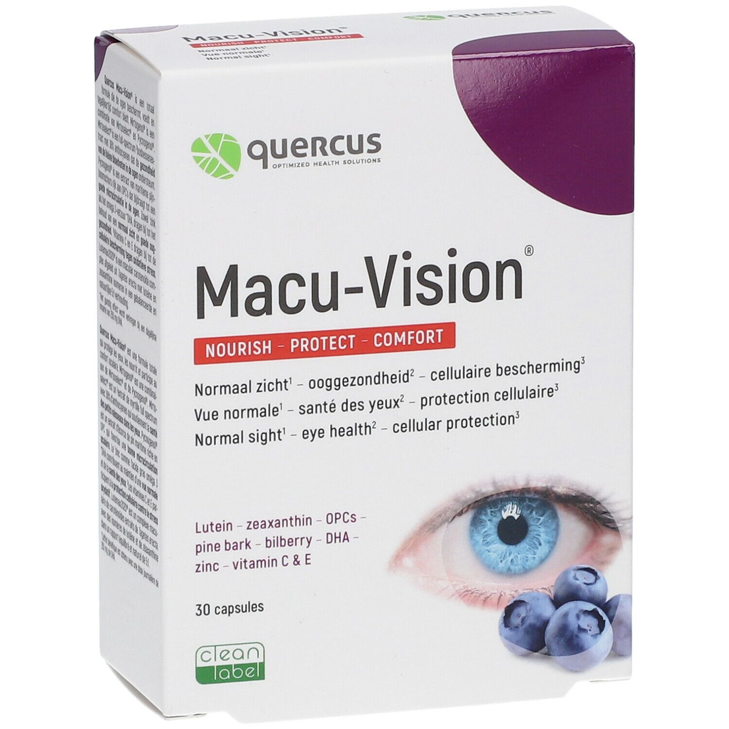 Boîte Quercus Macu-Vision®. Vue de face. Carton blanc avec accents violets. Nom du produit et ingrédients imprimés. Illustration d'un œil et de myrtilles.