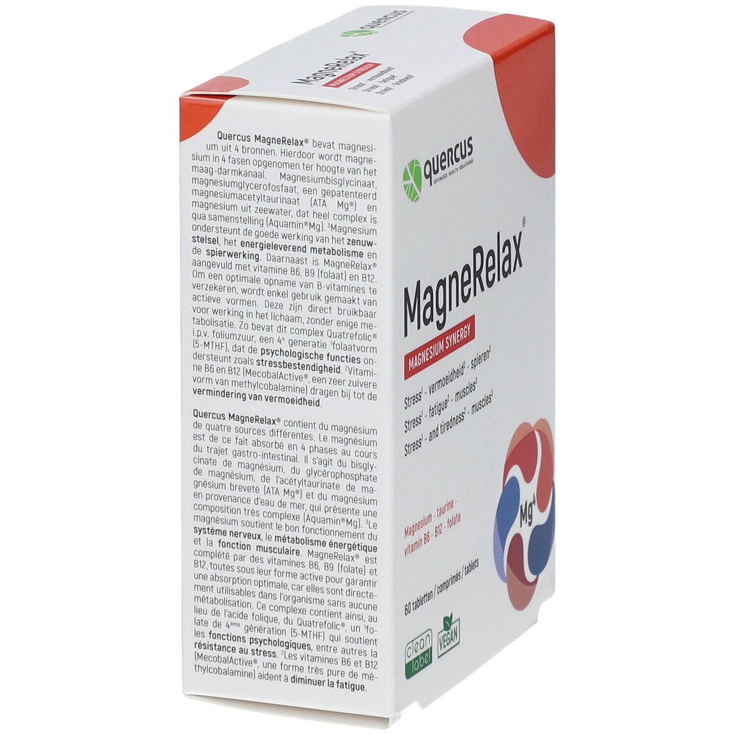 Zijaanzicht van de Quercus MagneRelax verpakking. Tekstinformatie in het Duits, Frans en Nederlands. Magnesium Synergy.