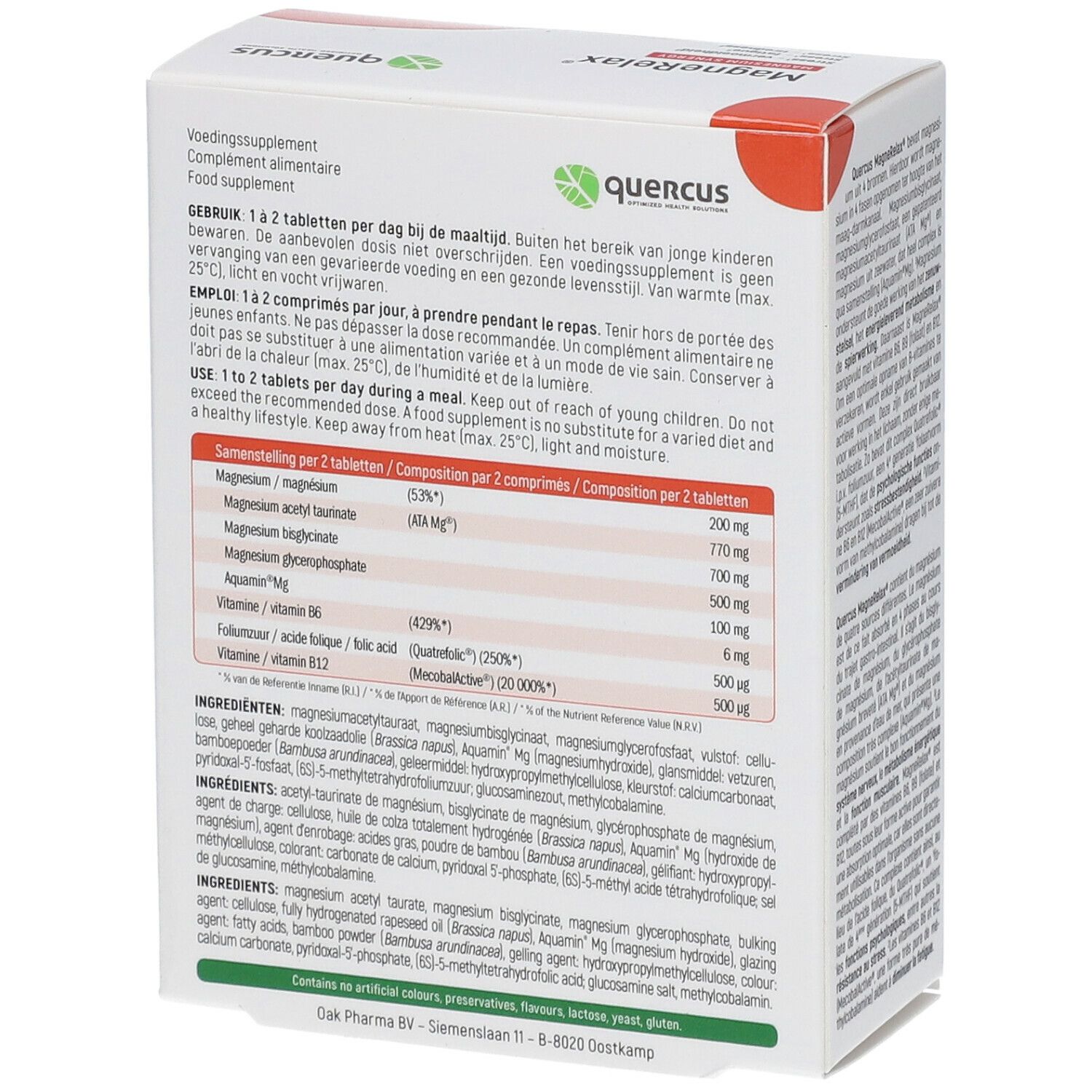 Achterkant van de Quercus MagneRelax verpakking. Bevat informatie over gebruik en ingrediënten. Magnesium Synergy.