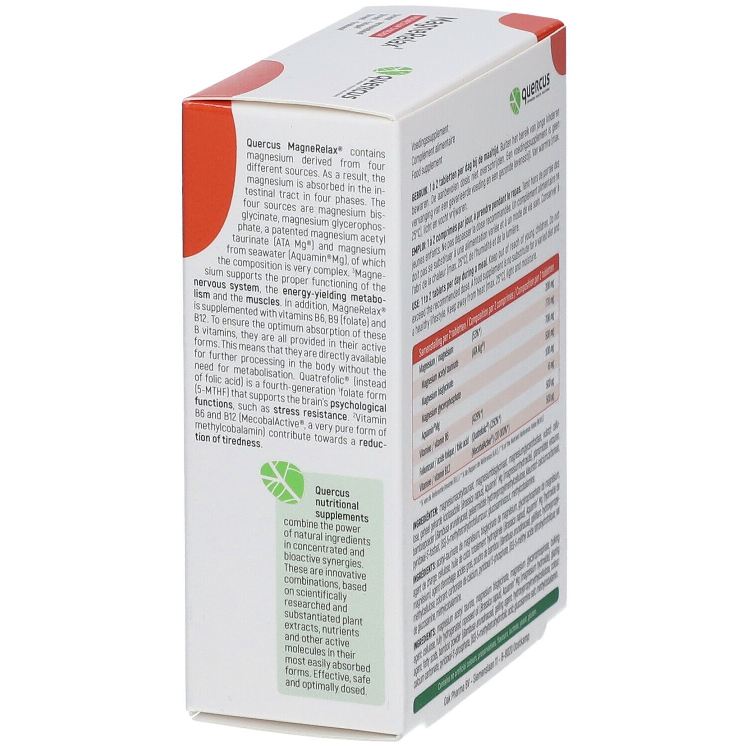Zijaanzicht van de Quercus MagneRelax verpakking. Bevat informatie over ingrediënten en voedingswaarden. Magnesium Synergy.