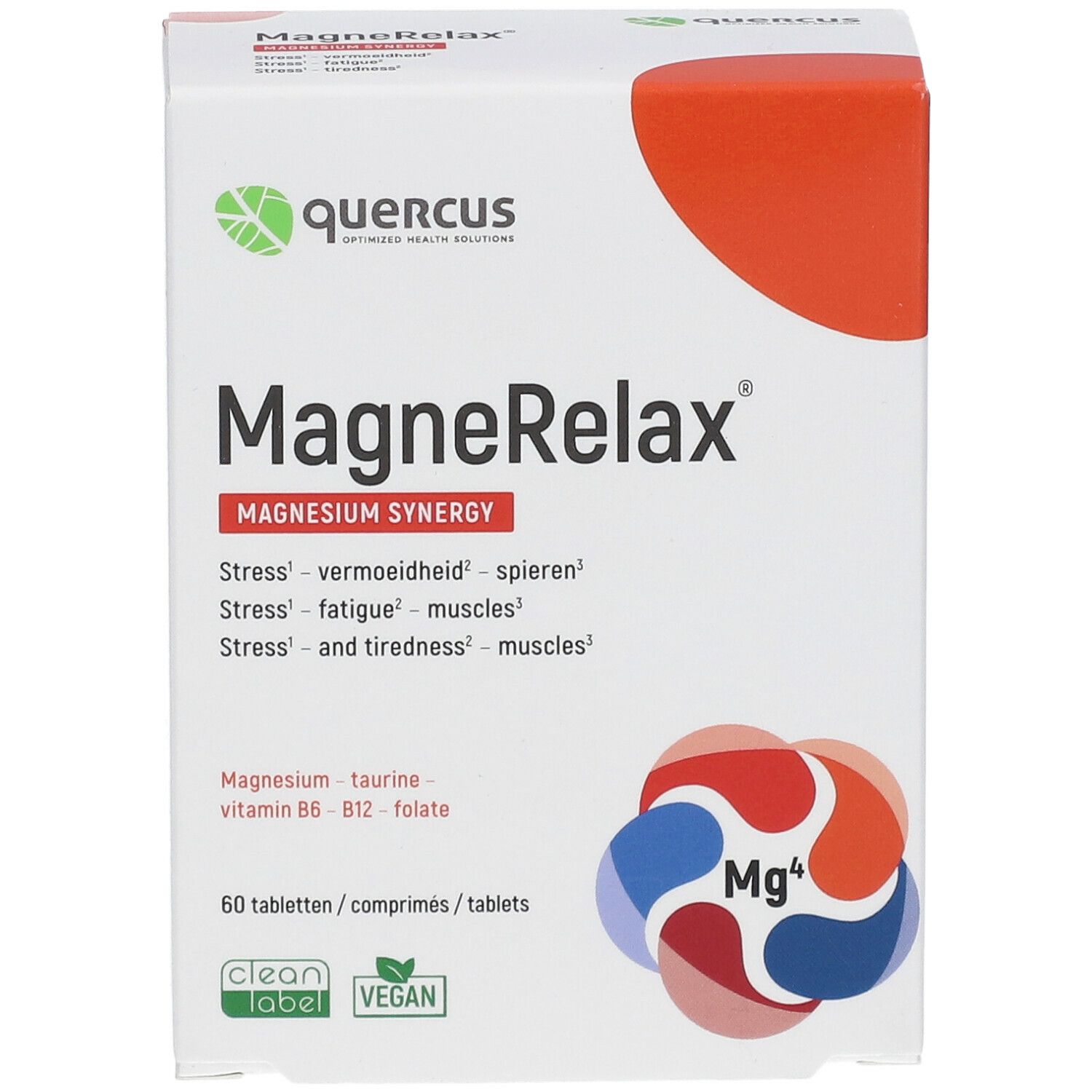 Quercus MagneRelax verpakking. Bevat 60 tabletten. Vegan en Clean Label gecertificeerd. Magnesium Synergy.