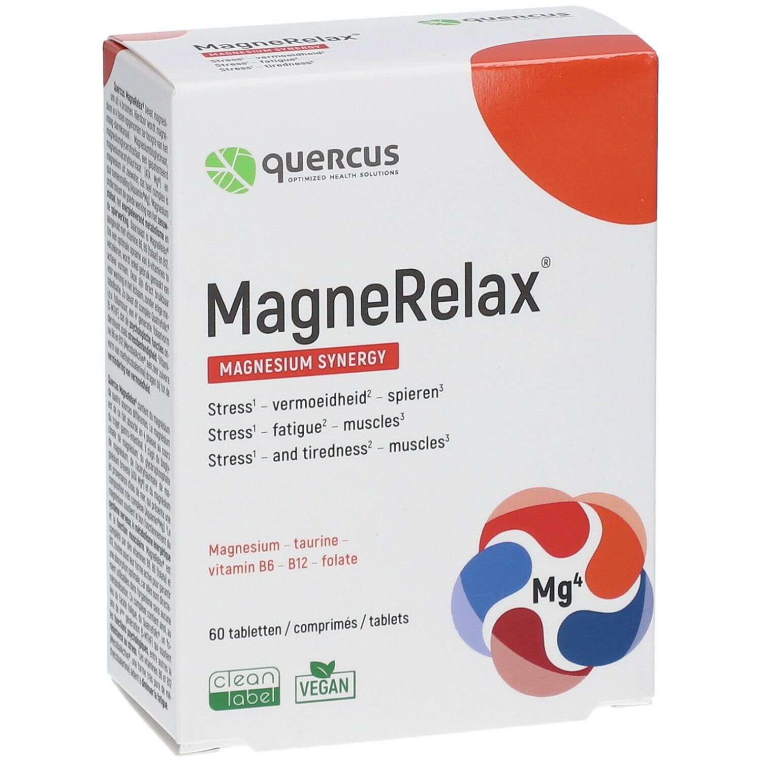 Quercus MagneRelax verpakking. Bevat 60 tabletten. Vegan en Clean Label gecertificeerd. Magnesium Synergy.