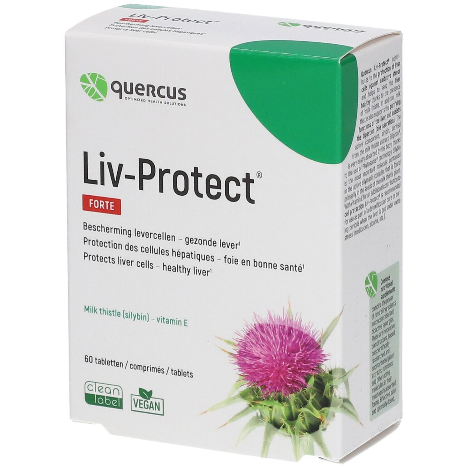 Verpakking Quercus Liv-Protect Forte. Bevat 60 tabletten. Opschrift: mariadistel, vitamine E. Met Clean Label en Vegan keurmerk.