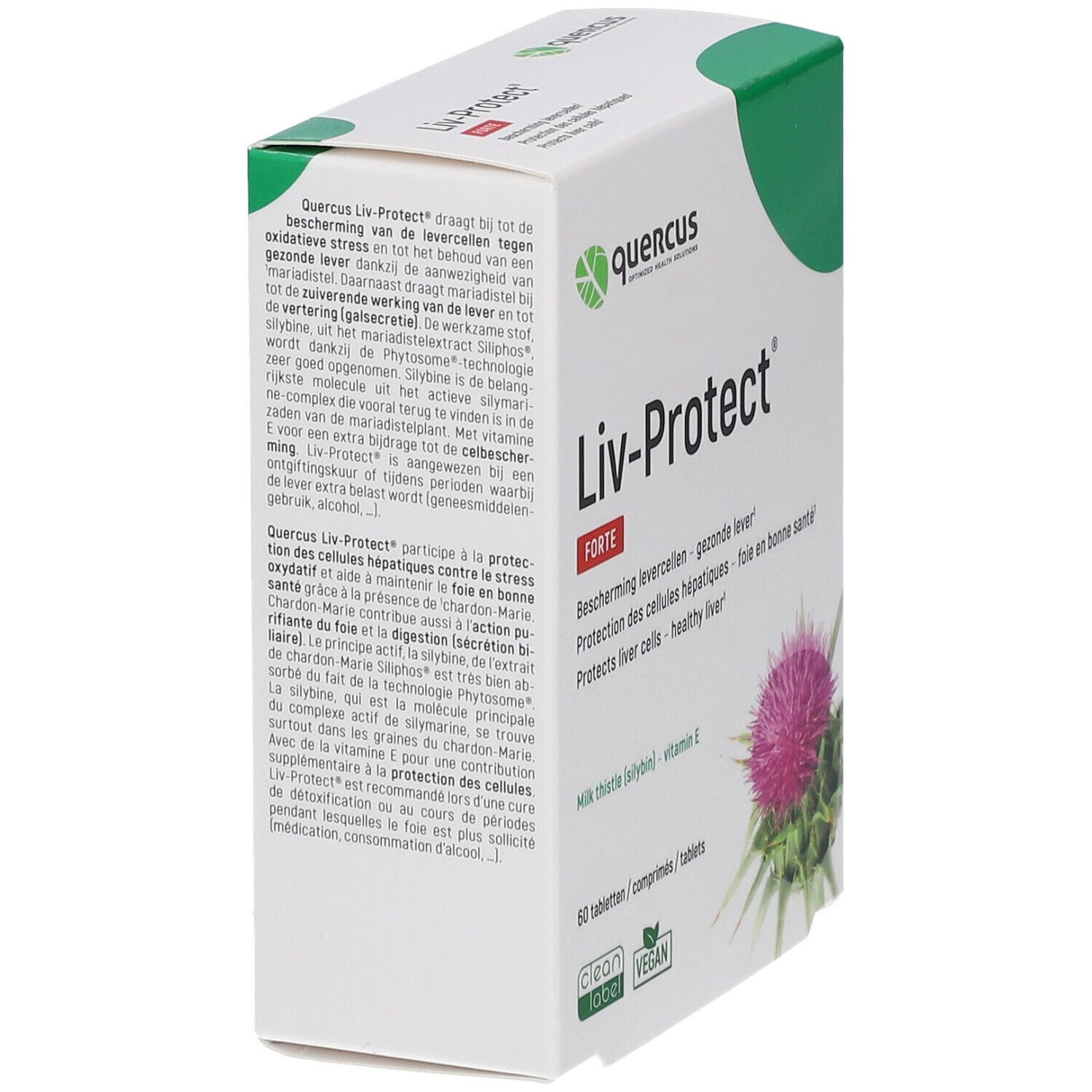 Quercus Liv-Protect Forte verpakking, schuin. Tekst: mariadistel, vitamine E. Met Clean Label en Vegan keurmerk. 60 tabletten.