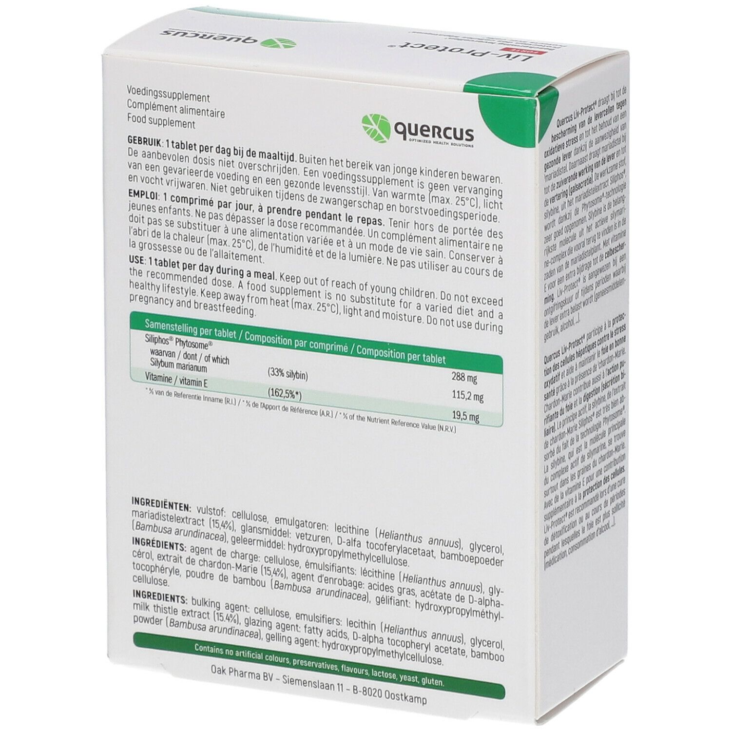 Achterkant van de Quercus Liv-Protect Forte verpakking. Bevat informatie over ingrediënten en dosering. Met Clean Label en Vegan keurmerk.