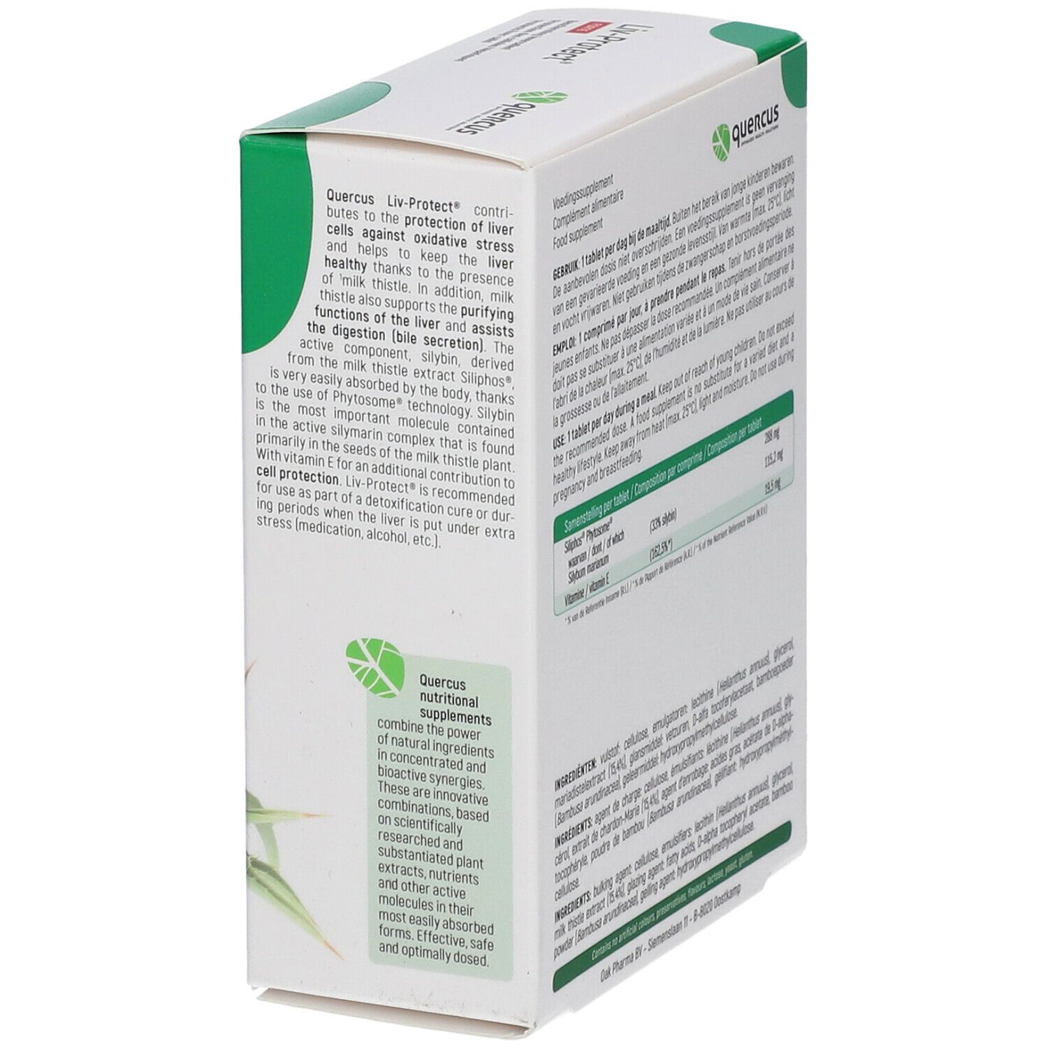 Quercus Liv-Protect Forte verpakking, schuin. Tekst: ingrediënten, dosering. Met Clean Label en Vegan keurmerk. 60 tabletten.