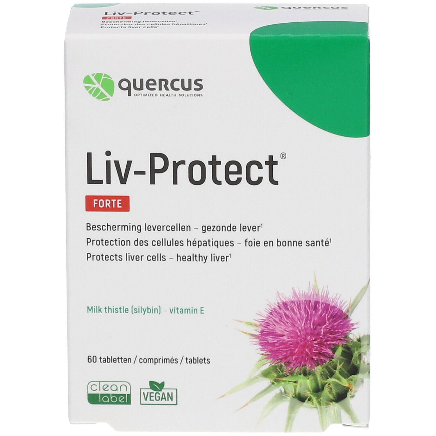 Verpakking Quercus Liv-Protect Forte. Bevat 60 tabletten. Opschrift: mariadistel, vitamine E. Met Clean Label en Vegan keurmerk.