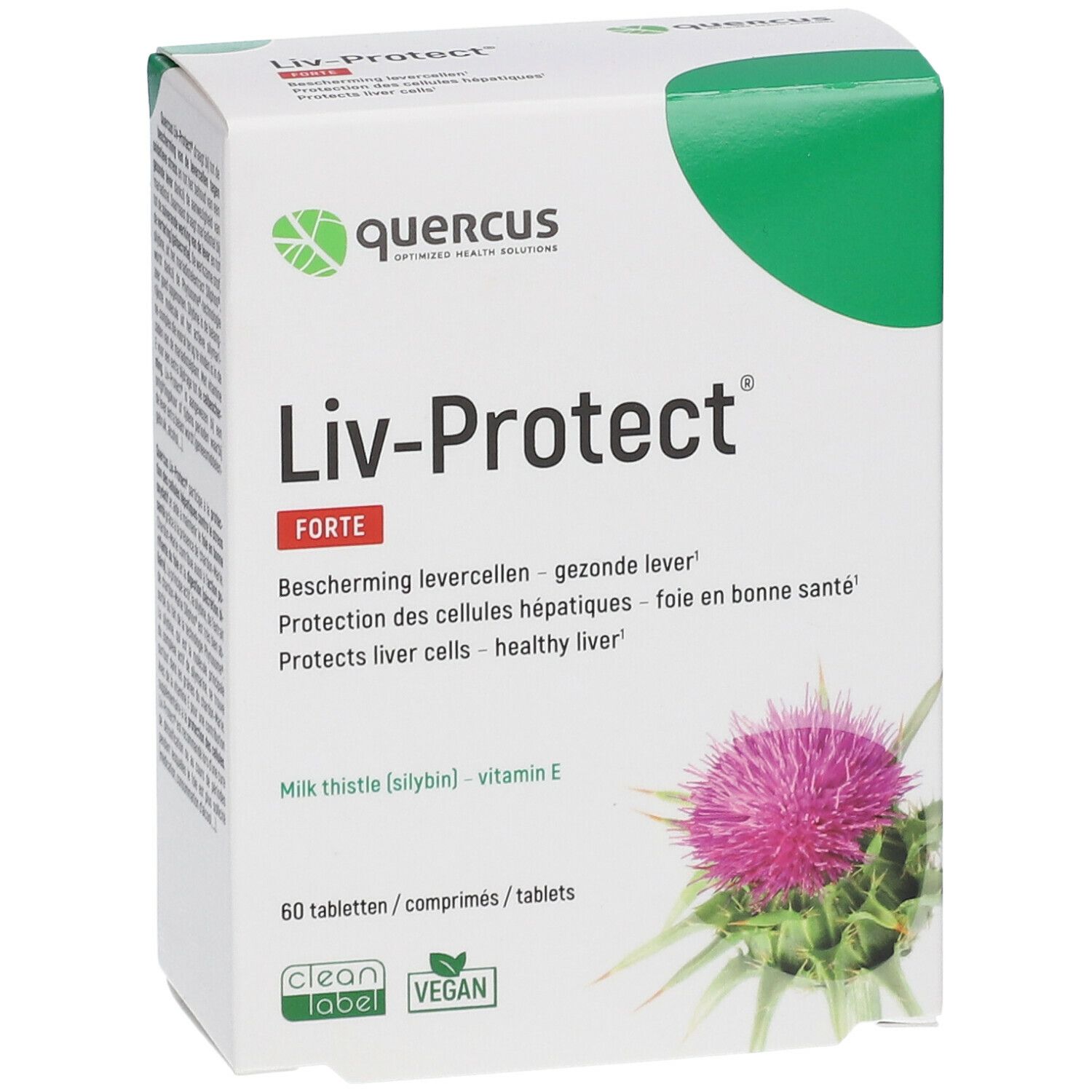 Verpakking Quercus Liv-Protect Forte. Bevat 60 tabletten. Opschrift: mariadistel, vitamine E. Met Clean Label en Vegan keurmerk.