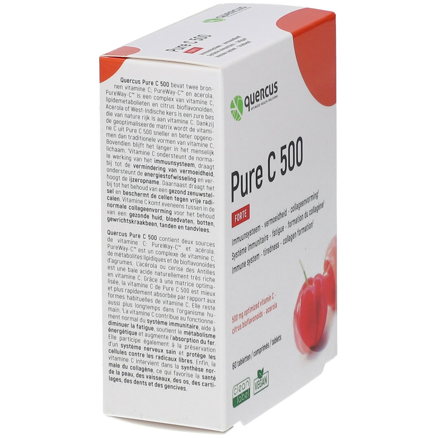 Boîte de Quercus Pure C 500 Forte, en biais. Carton blanc avec accent rouge. Texte et informations sur le produit en plusieurs langues.