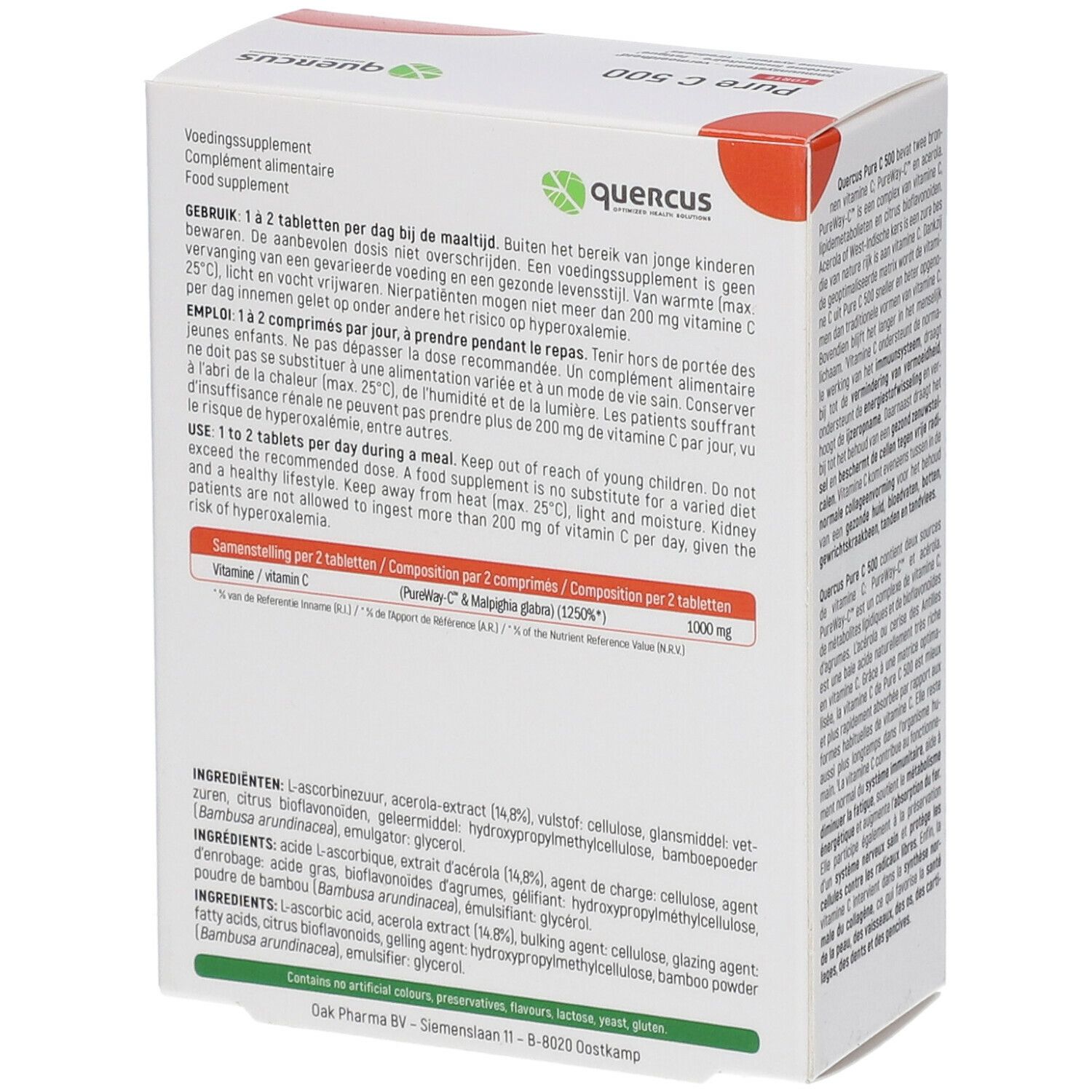 Dos de la boîte Quercus Pure C 500 Forte. Carton blanc avec texte. Contient des informations sur les ingrédients et le dosage.