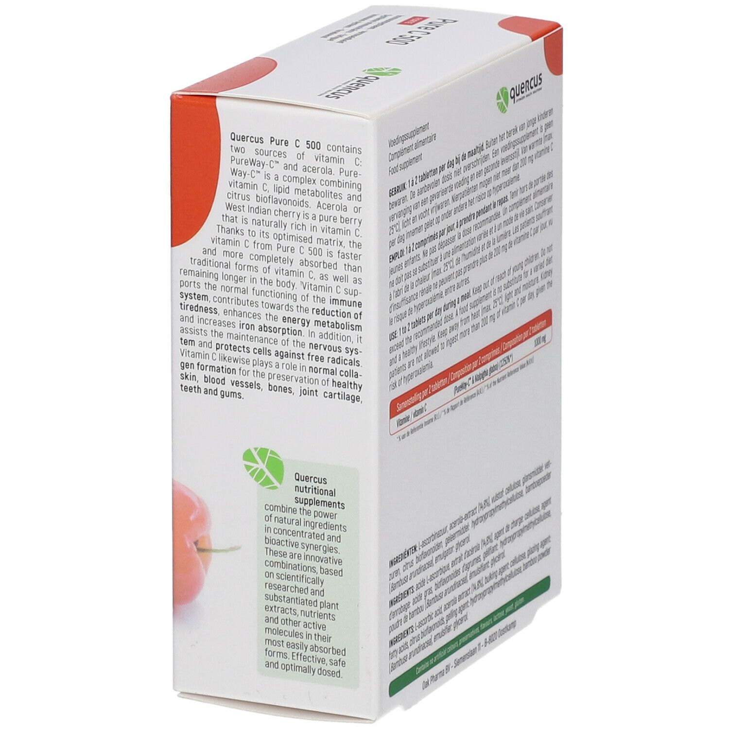 Boîte de Quercus Pure C 500 Forte, en biais. Carton blanc avec accent rouge. Texte et informations sur le produit en plusieurs langues.