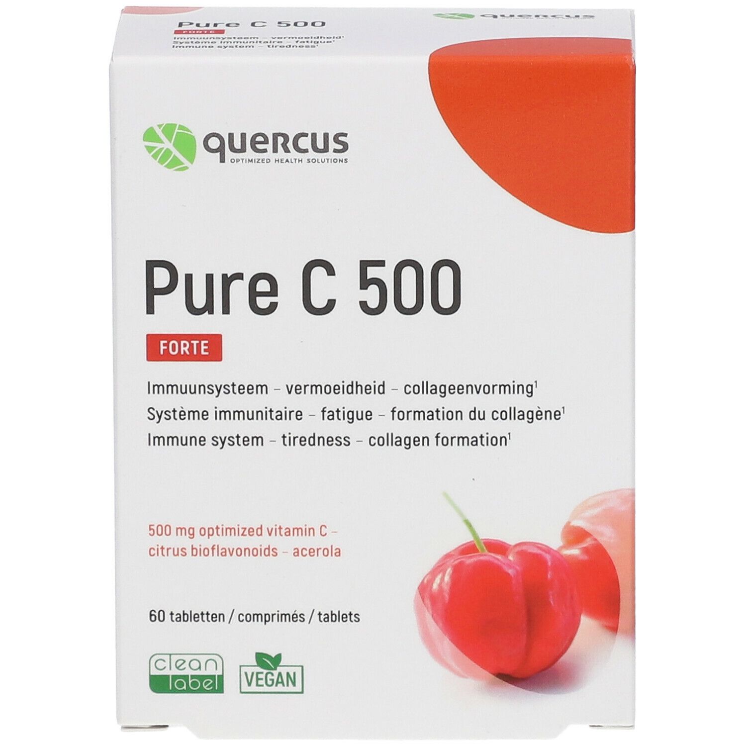 Boîte de Quercus Pure C 500 Forte. Carton blanc avec accent rouge. Texte : Pure C 500 Forte, 60 comprimés, Clean Label, Vegan.