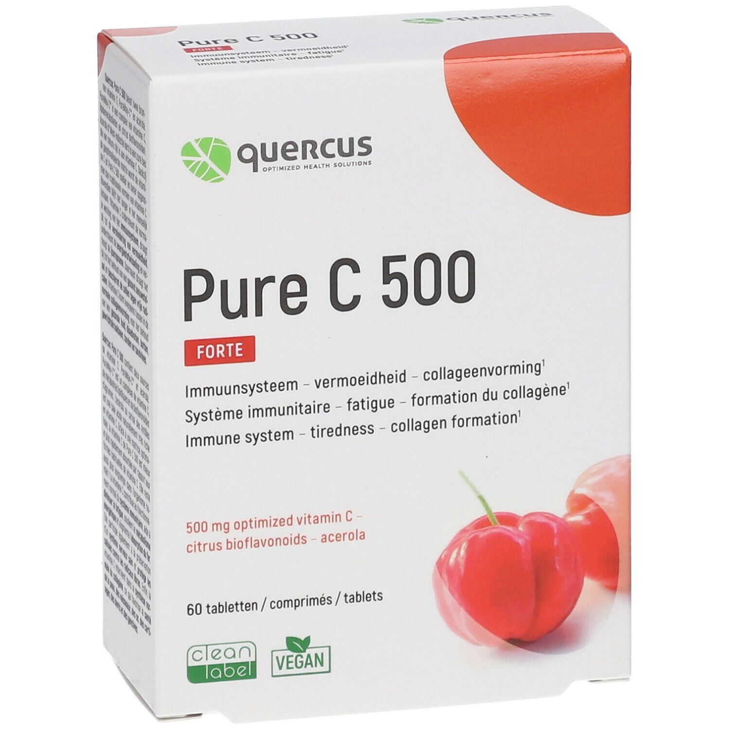 Boîte de Quercus Pure C 500 Forte. Carton blanc avec accent rouge. Texte : Pure C 500 Forte, 60 comprimés, Clean Label, Vegan.