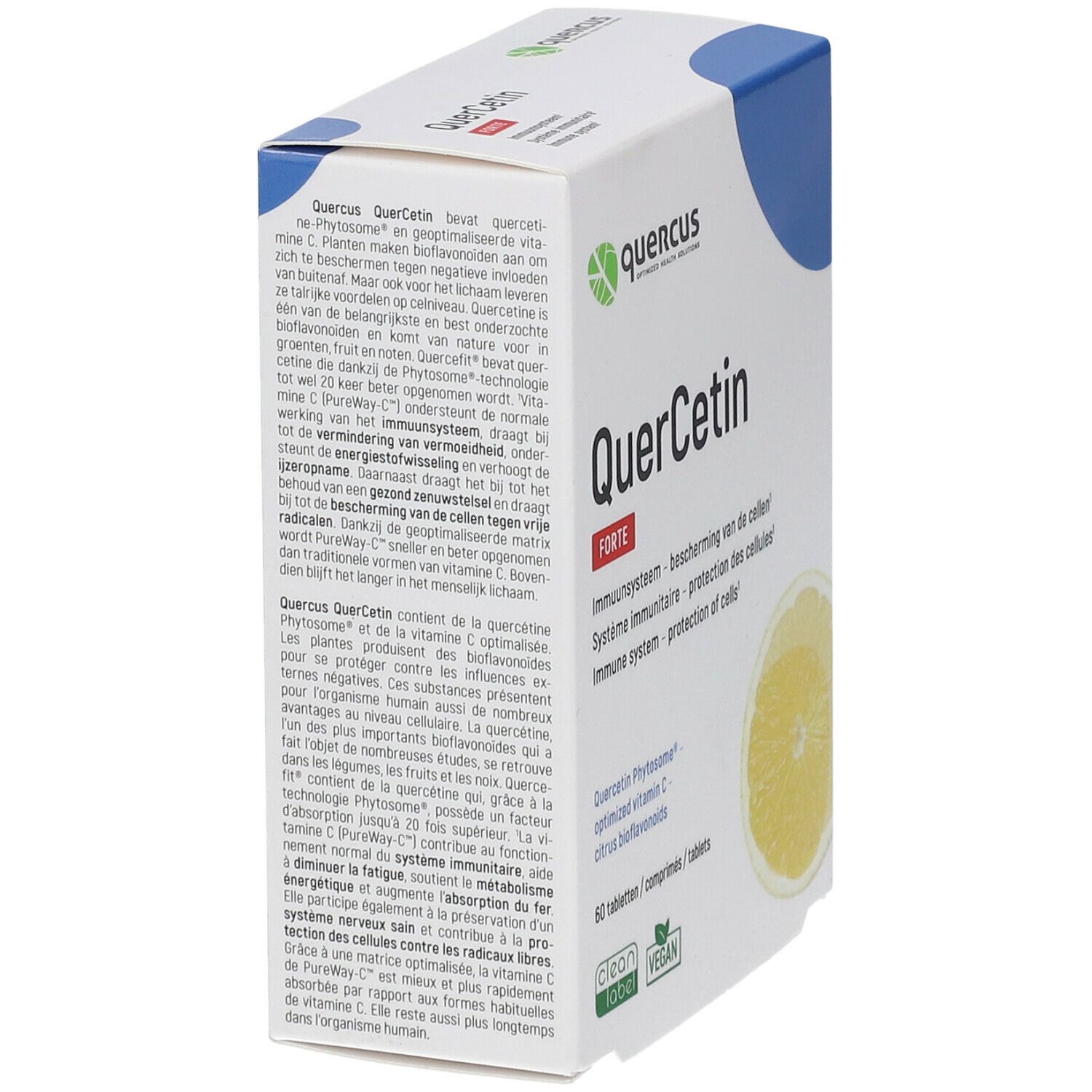 Quercus QuerCetin Forte-Verpackung, Seitenansicht. Text und Zitronenabbildung. Vegan-Siegel.