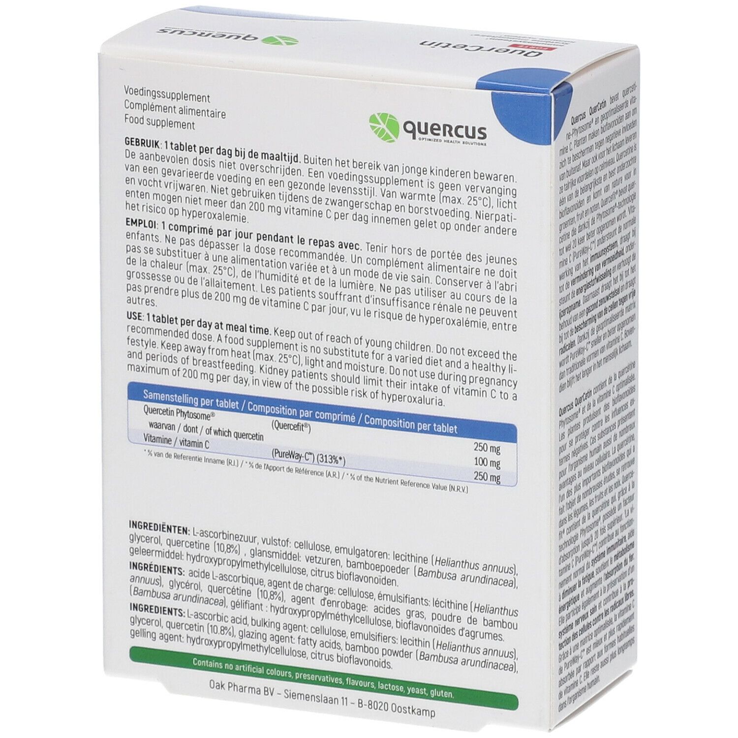 Quercus QuerCetin Forte-Verpackung, Rückseite. Text mit Inhaltsstoffen und Dosierung. Vegan-Siegel.