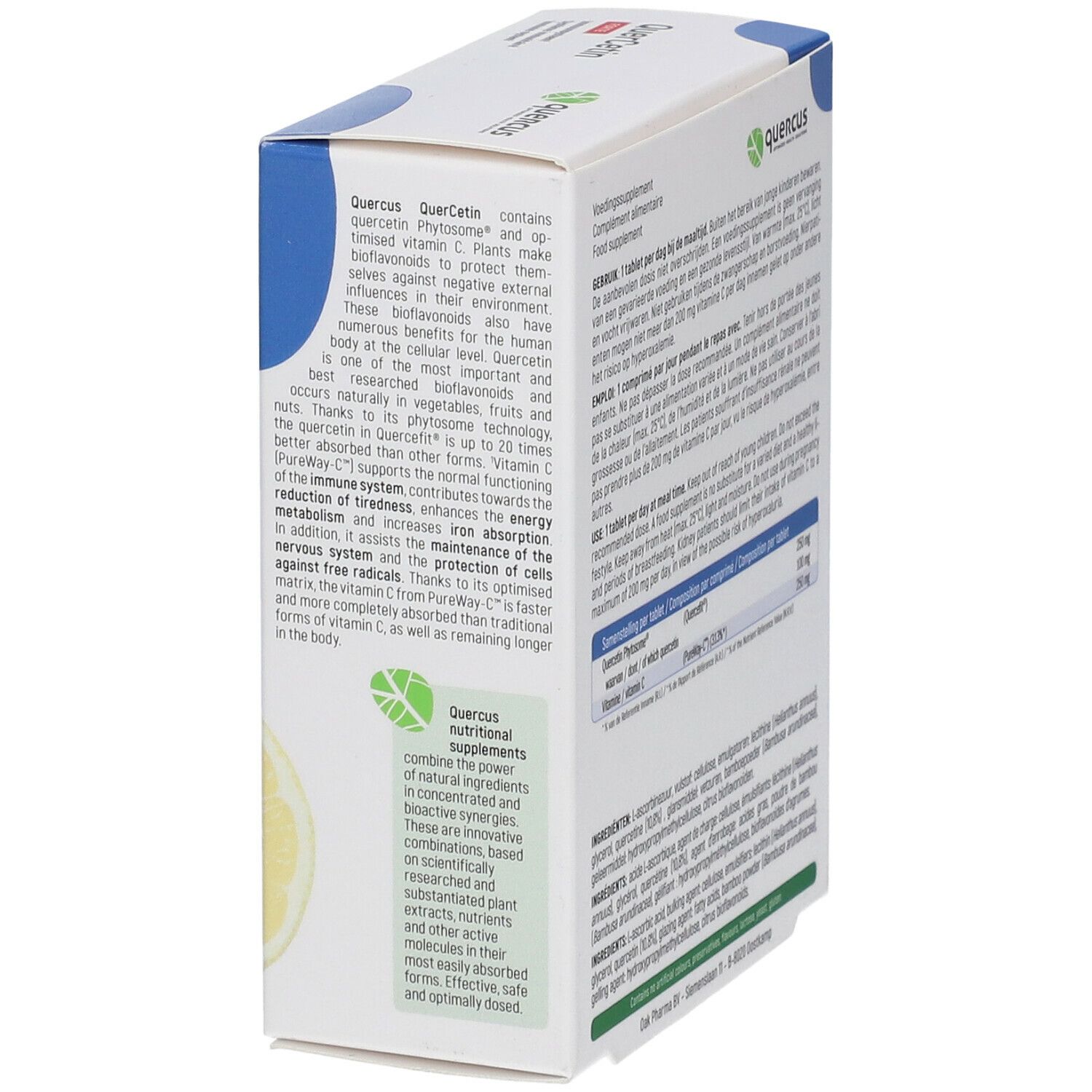 Quercus QuerCetin Forte-Verpackung, Seitenansicht. Text und Zitronenabbildung. Vegan-Siegel.