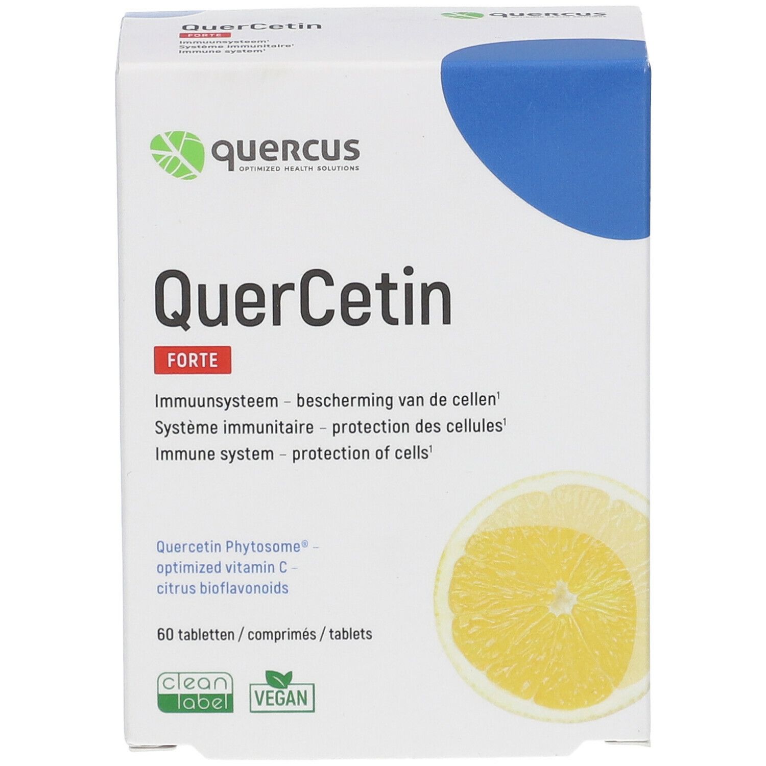 Quercus QuerCetin Forte-Verpackung. Enthält 60 Tabletten. Mit Zitrone-Abbildung. Vegan und Clean Label.