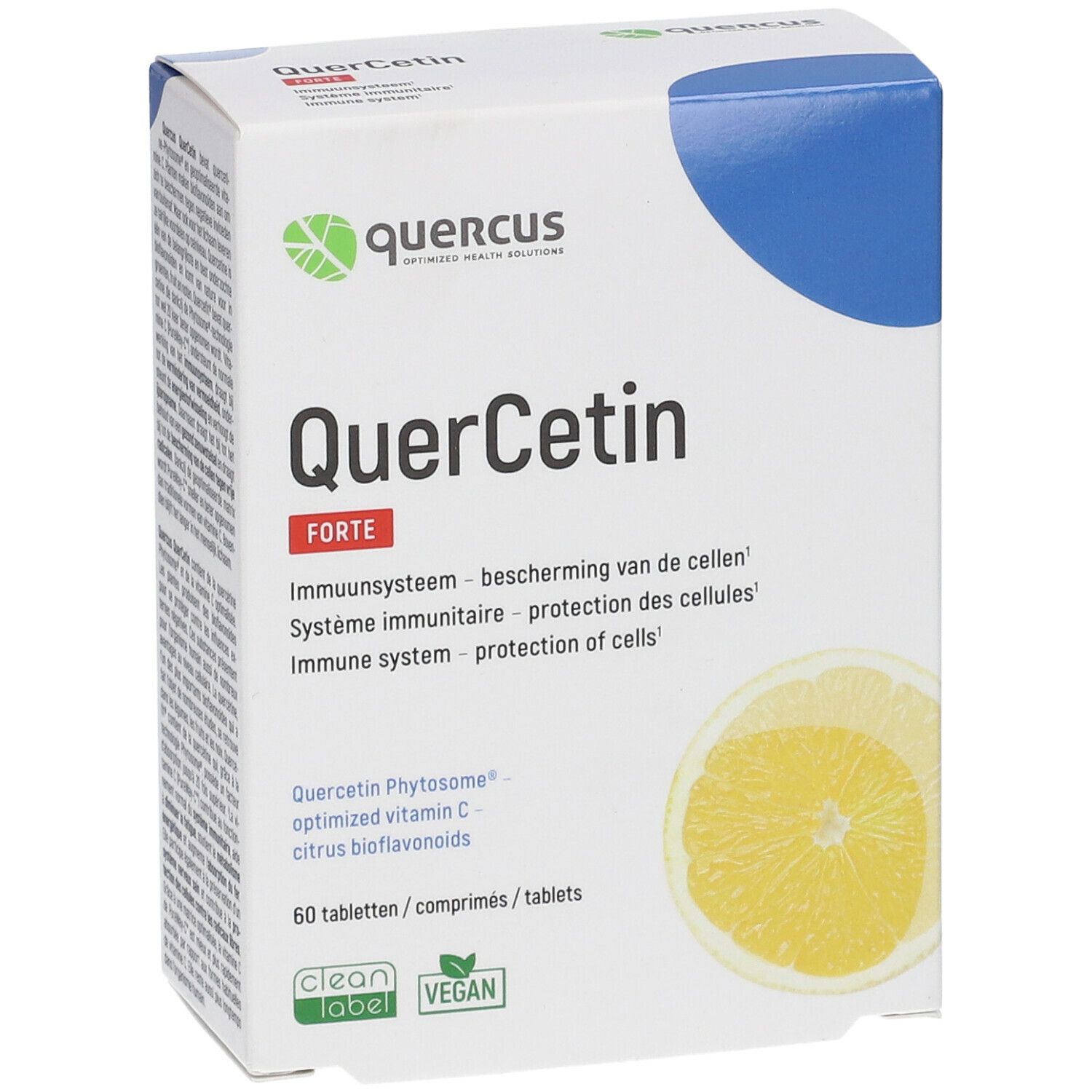 Quercus QuerCetin Forte-Verpackung. Enthält 60 Tabletten. Mit Zitrone-Abbildung. Vegan und Clean Label.