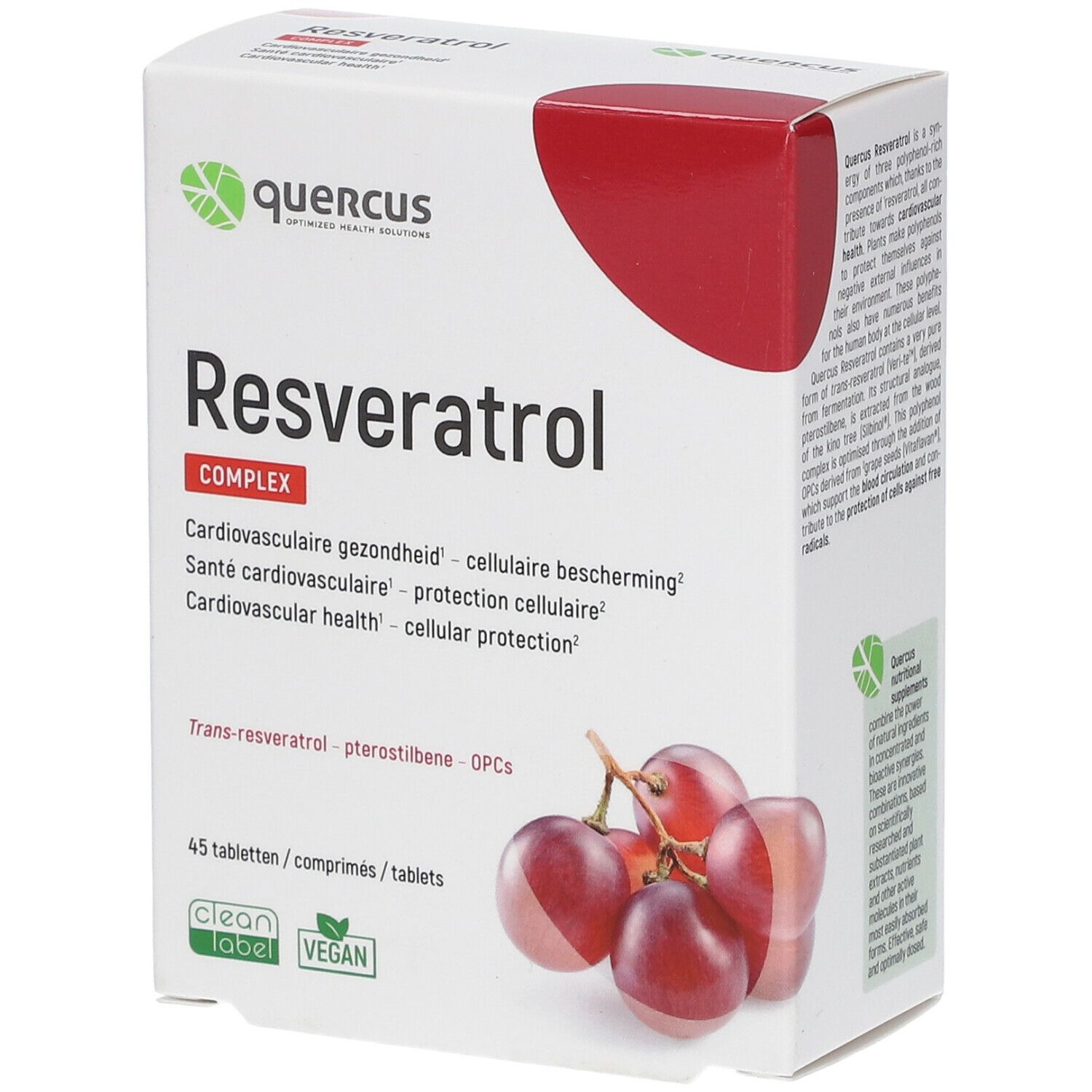 Verpakking van Quercus Resveratrol Complex. Witte doos met productnaam en druivenillustratie. 45 tabletten, vegan.