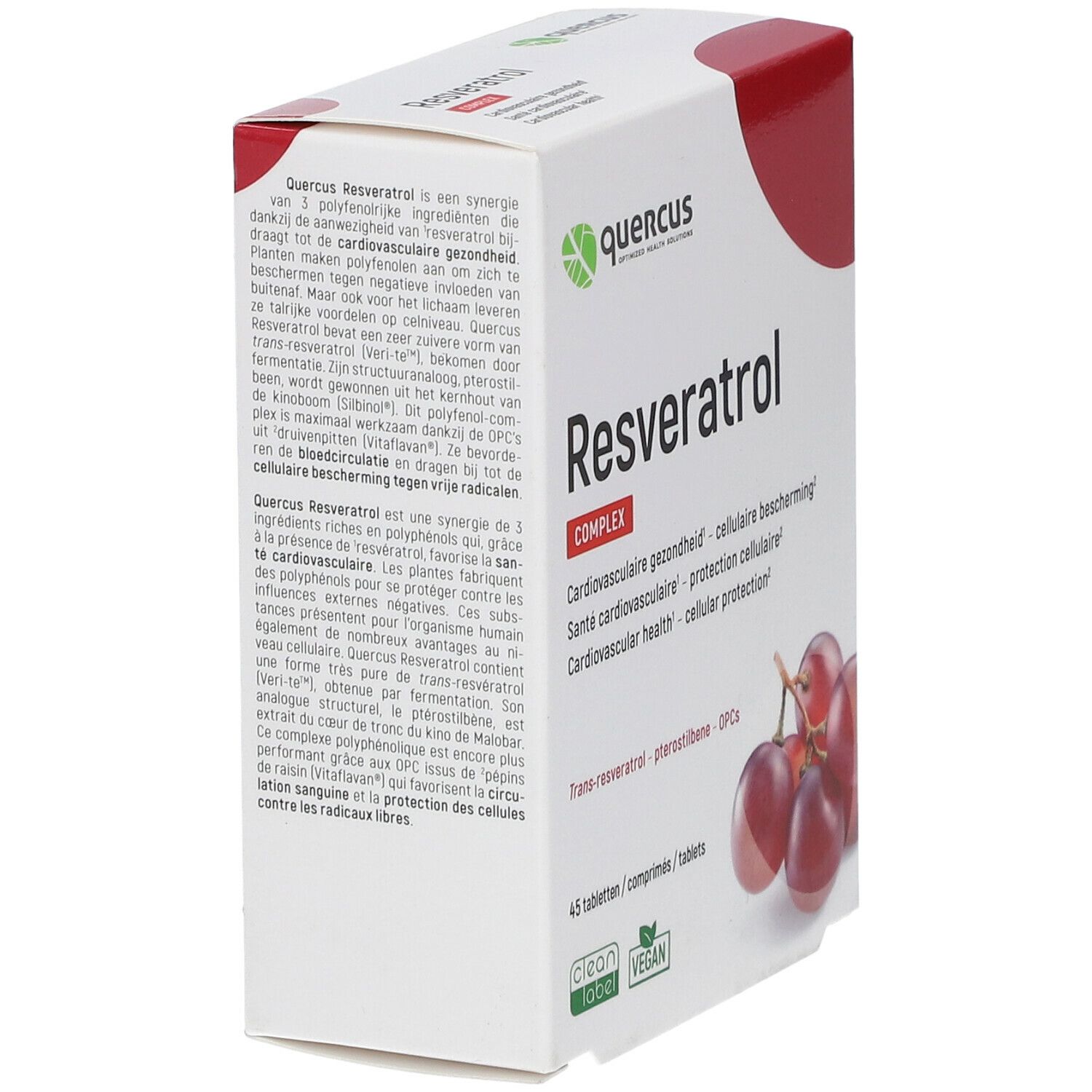 Quercus Resveratrol Complex-verpakking, schuin. Witte doos met productnaam, druivenillustratie. 45 tabletten, vegan.