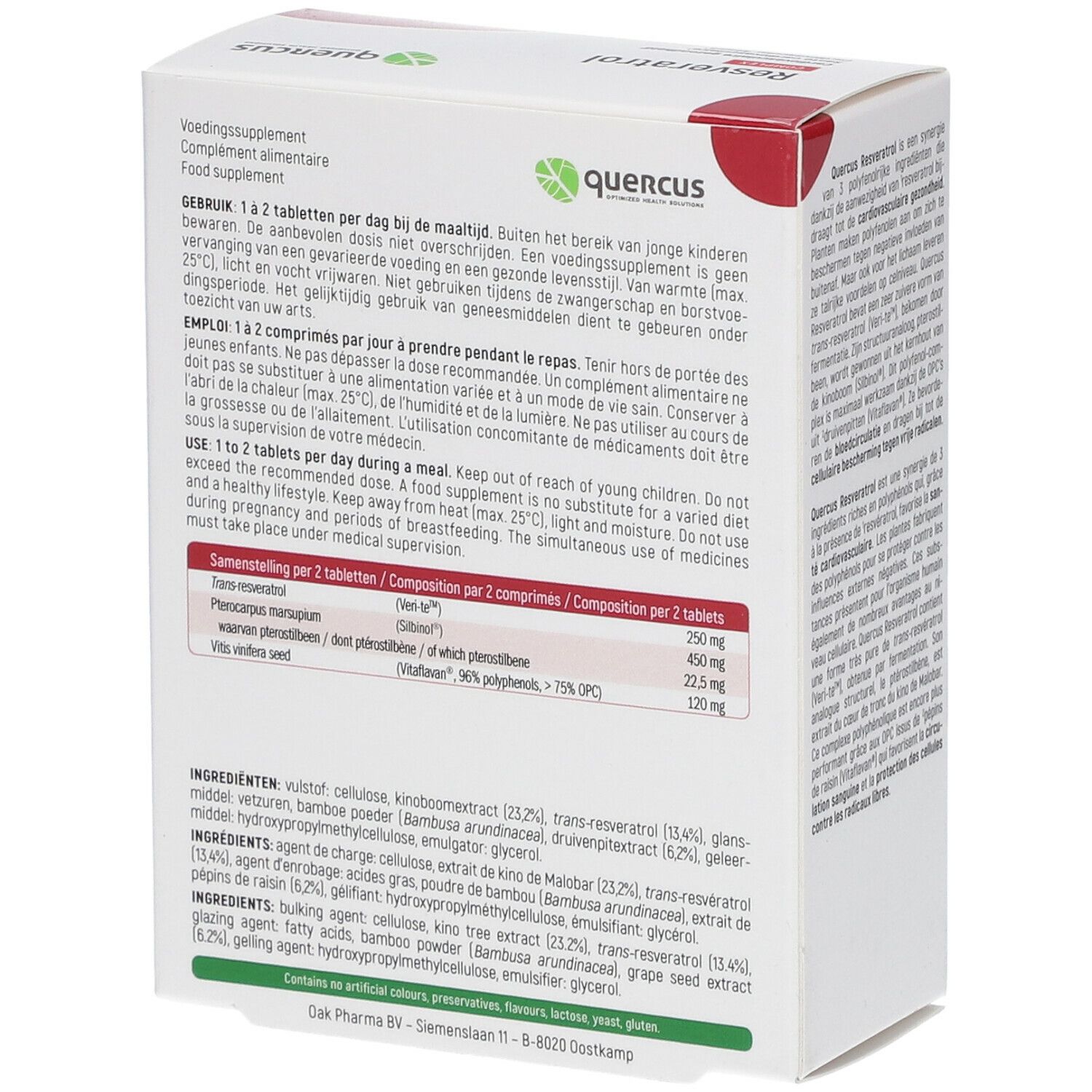 Achterkant van de Quercus Resveratrol Complex-verpakking. Tekst met ingrediënten en dosering. Vegan-zegel.