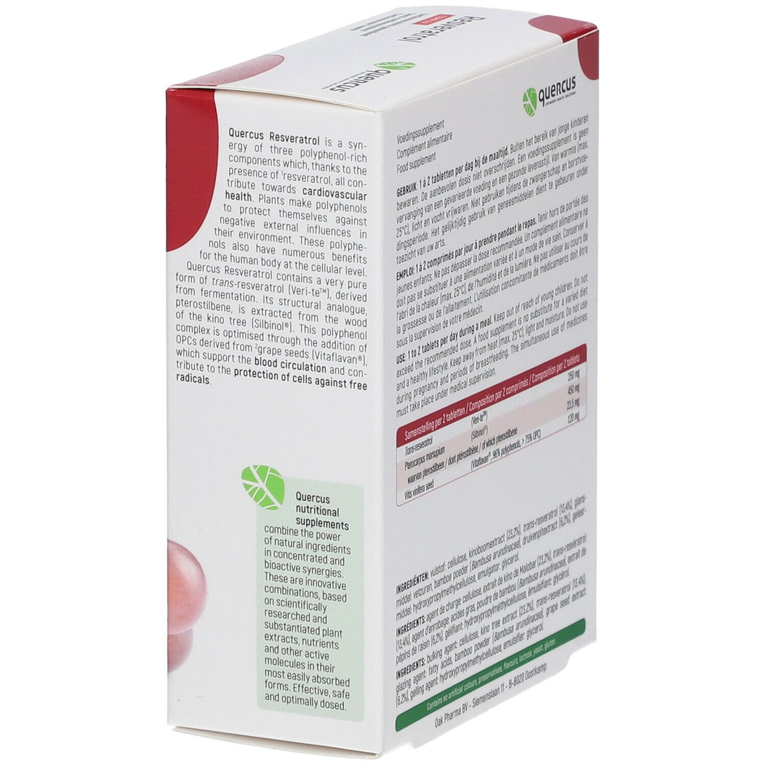 Quercus Resveratrol Complex-verpakking, schuin. Tekst over ingrediënten en voordelen. Vegan-zegel.