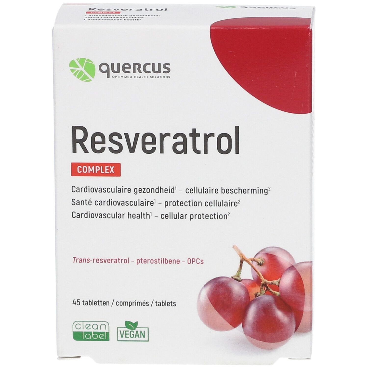Verpakking van Quercus Resveratrol Complex. Witte doos met productnaam en druivenillustratie. 45 tabletten, vegan.