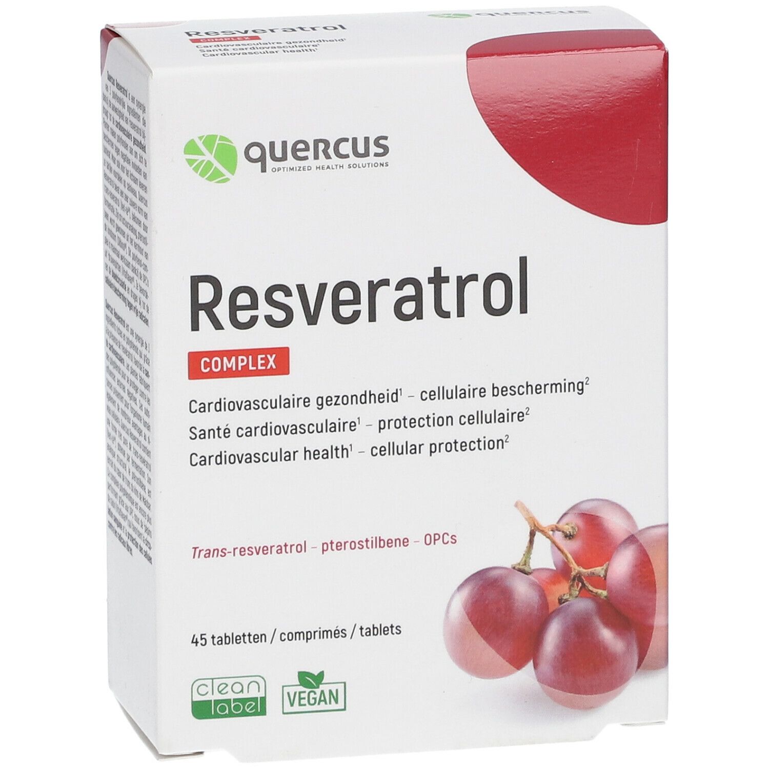 Verpakking van Quercus Resveratrol Complex. Witte doos met productnaam en druivenillustratie. 45 tabletten, vegan.