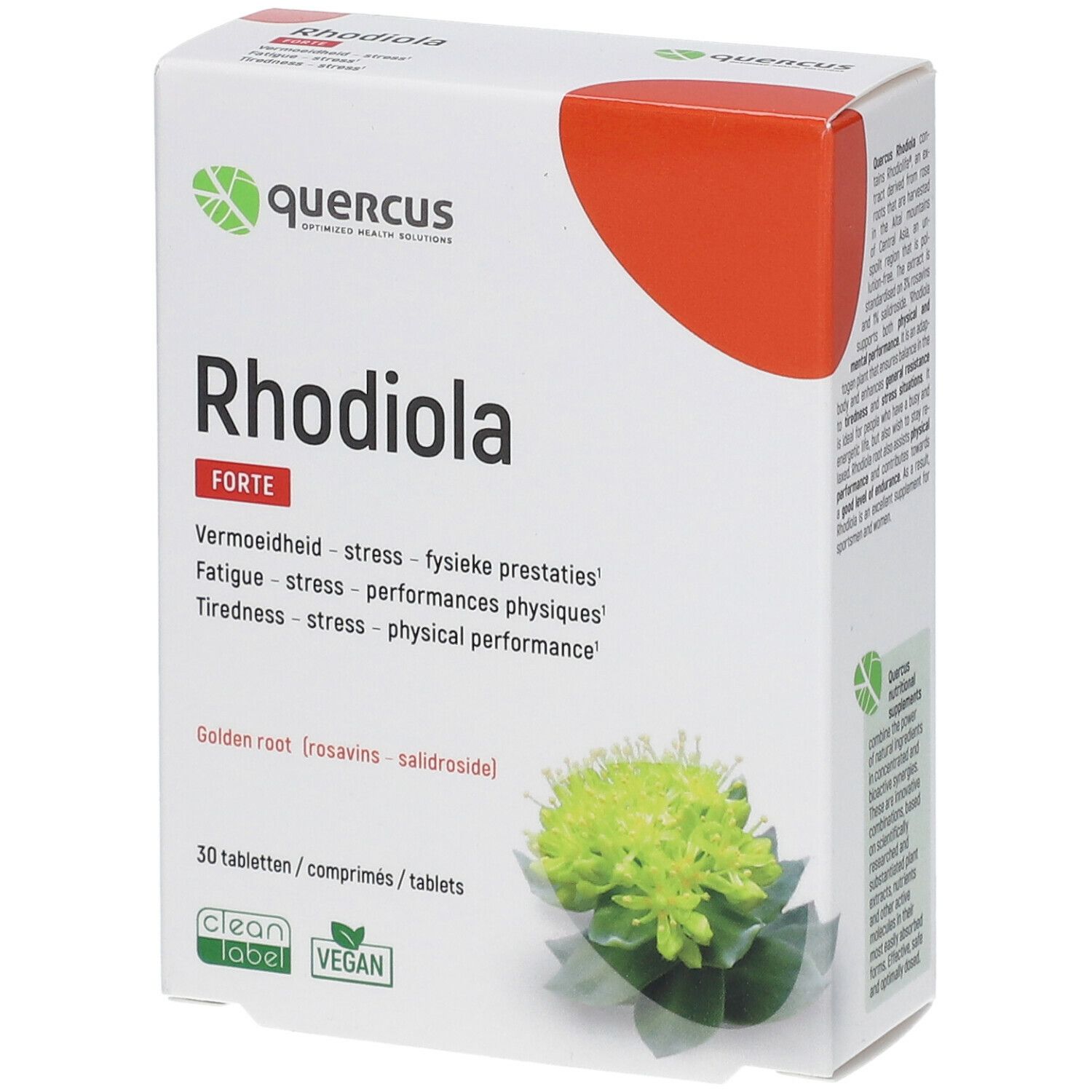 Boîte Quercus Rhodiola Forte. Carton blanc avec accent rouge. Nom du produit et logo visibles. 30 comprimés, vegan.