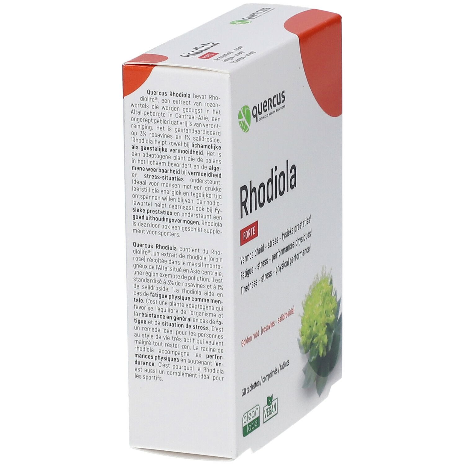 Boîte Quercus Rhodiola Forte, en biais. Carton blanc avec accent rouge. Nom et logo visibles. Texte multilingue.
