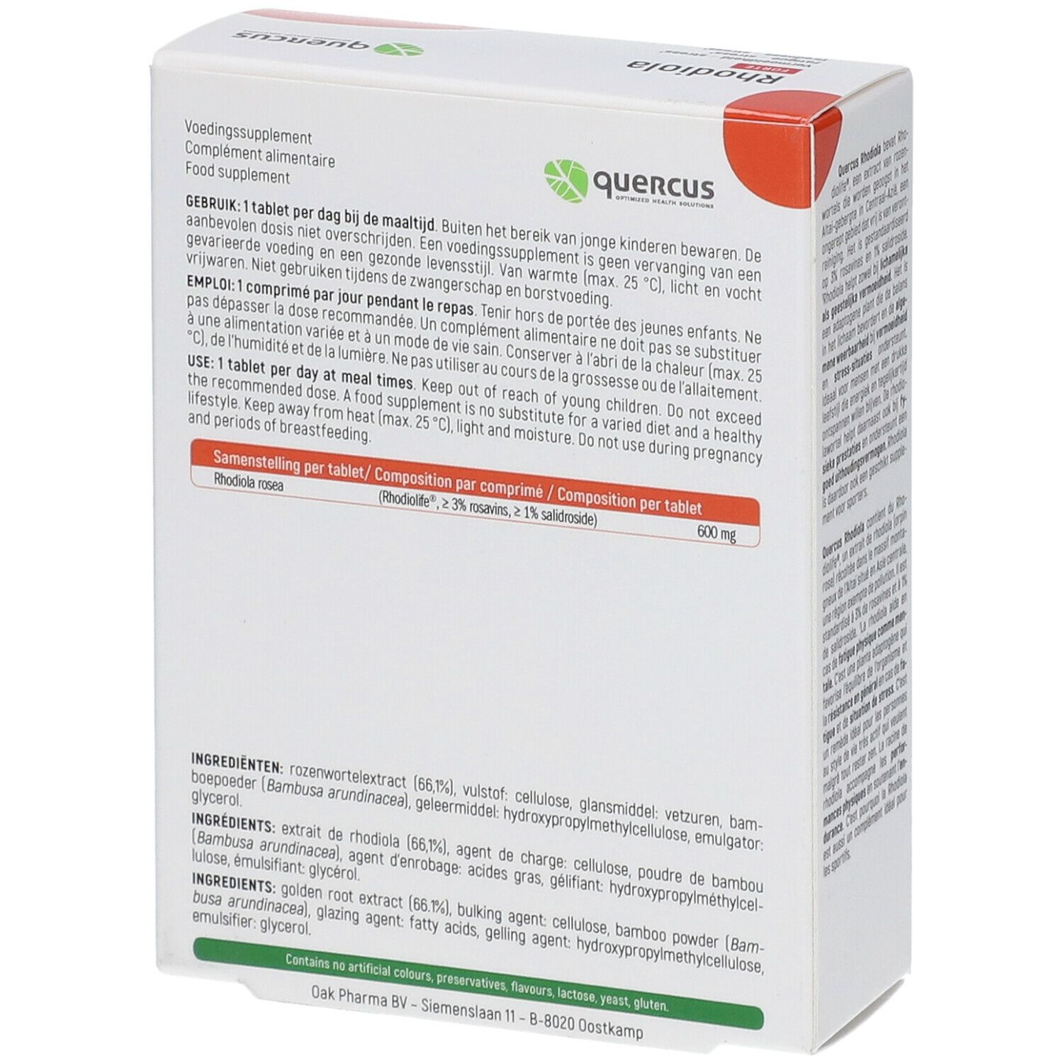 Dos de la boîte Quercus Rhodiola Forte. Contient des informations sur les ingrédients et le dosage. Texte multilingue.
