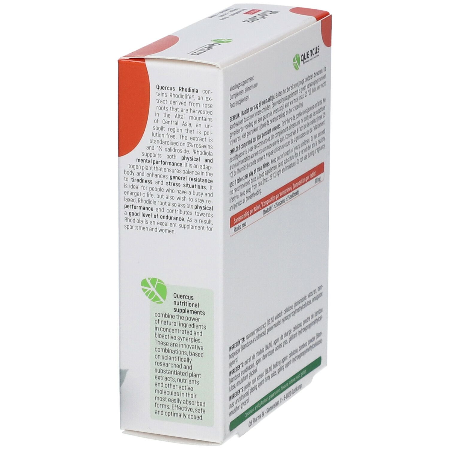 Côté de la boîte Quercus Rhodiola Forte. Texte sur le produit et les ingrédients. Logo et certifications.