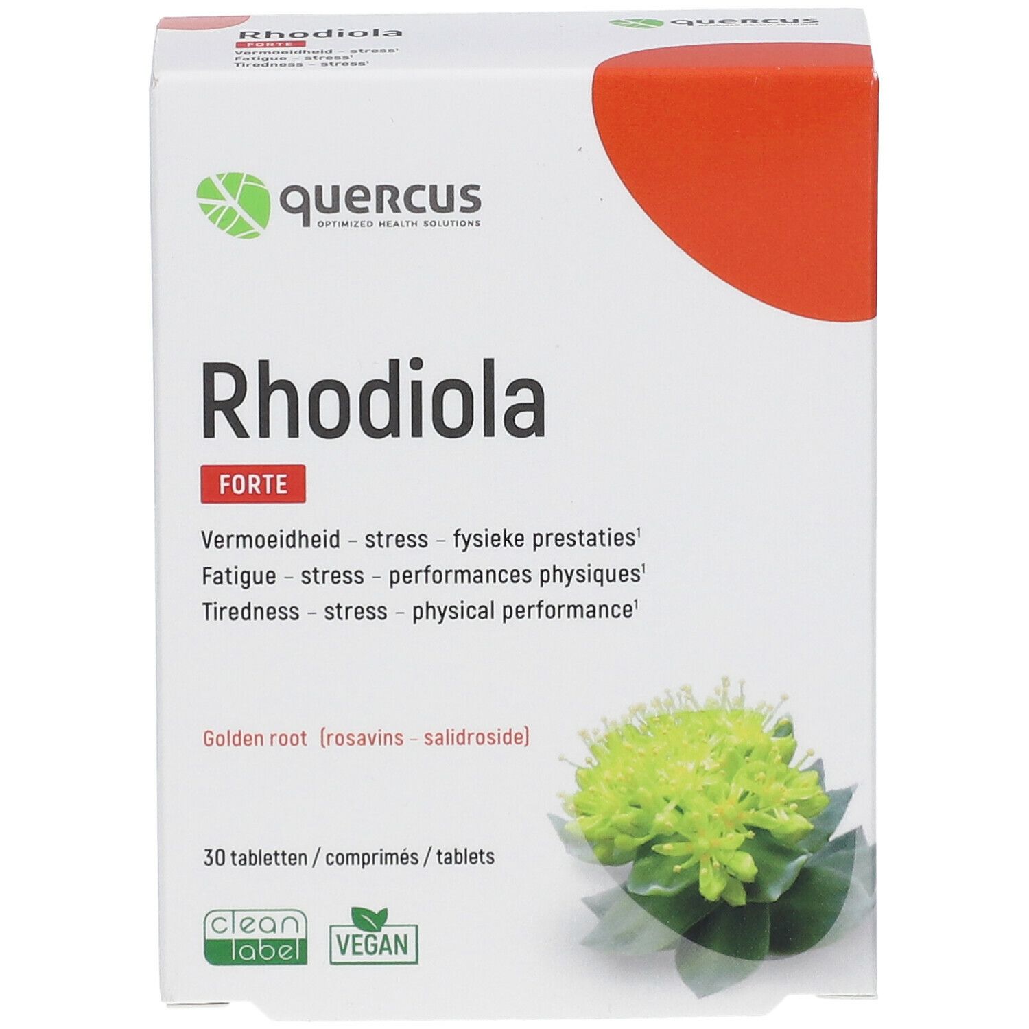 Boîte Quercus Rhodiola Forte. Carton blanc avec accent rouge. Nom du produit et logo visibles. 30 comprimés, vegan.