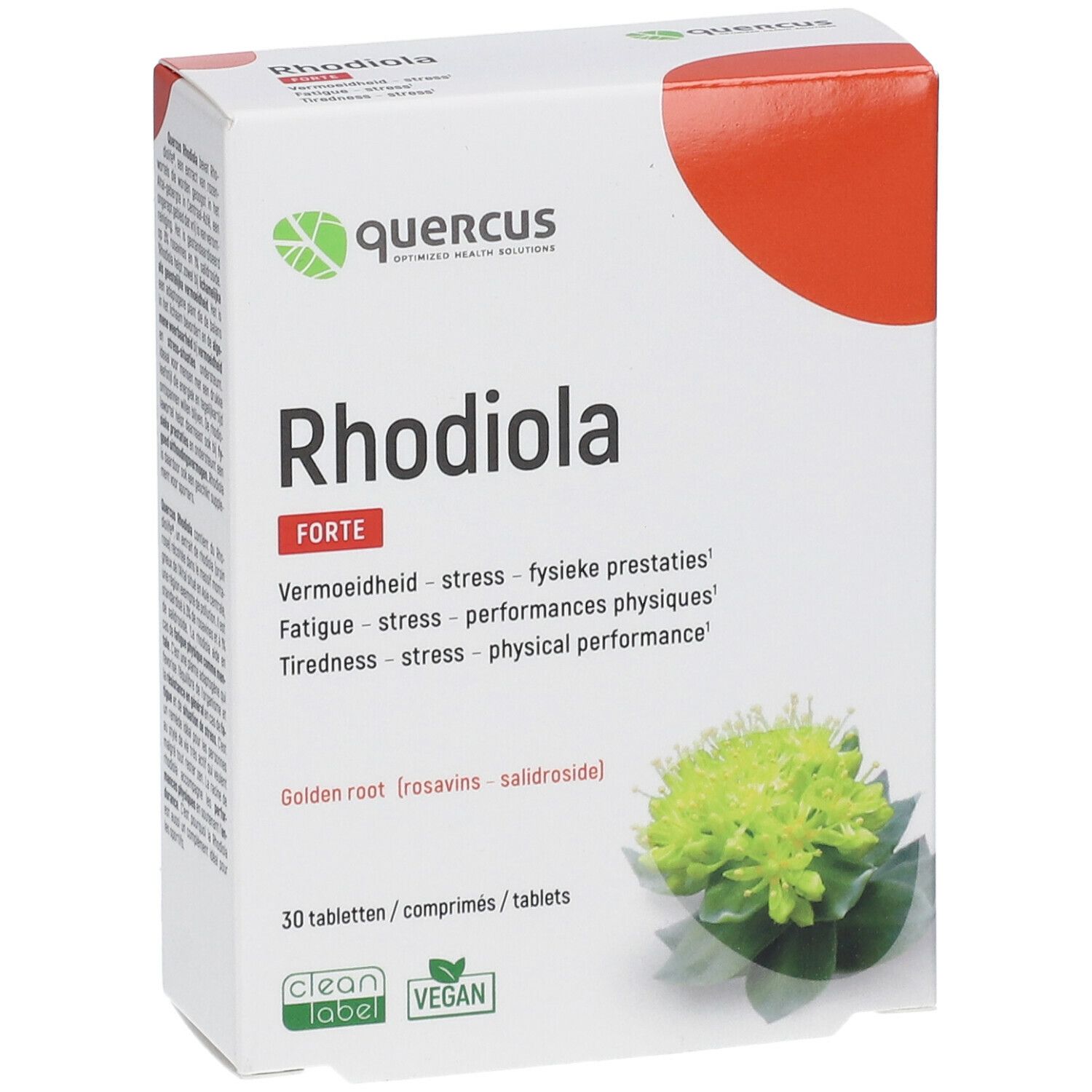 Boîte Quercus Rhodiola Forte. Carton blanc avec accent rouge. Nom du produit et logo visibles. 30 comprimés, vegan.