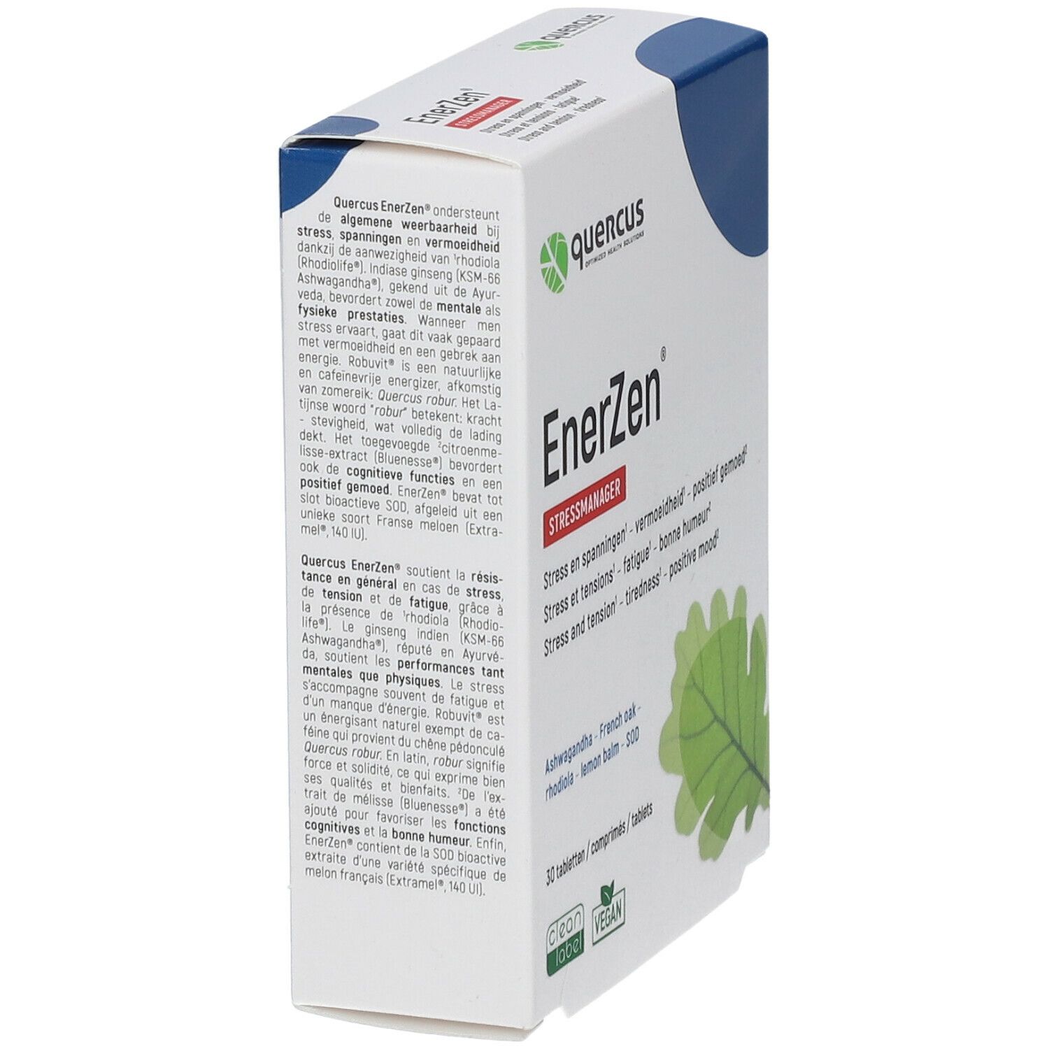 Quercus EnerZen Stressmanager verpakking. Witte doos met blauw deksel. Zijaanzicht met tekst. Bevat tabletten.