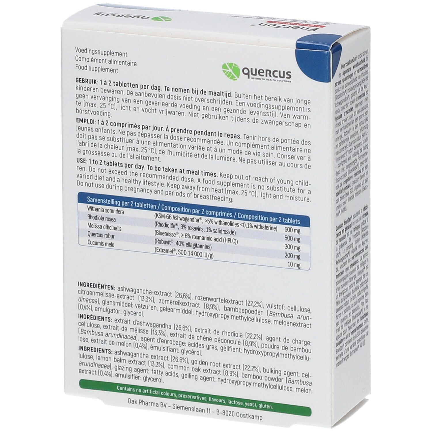 Achterkant van de Quercus EnerZen Stressmanager verpakking. Bevat informatie over ingrediënten en dosering. Witte doos.
