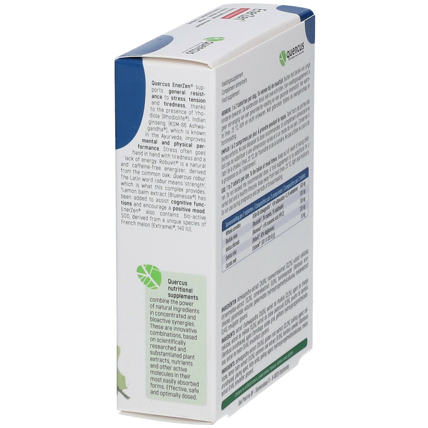 Quercus EnerZen Stressmanager verpakking. Witte doos met blauw deksel. Bevat informatie over ingrediënten. Groen en wit.