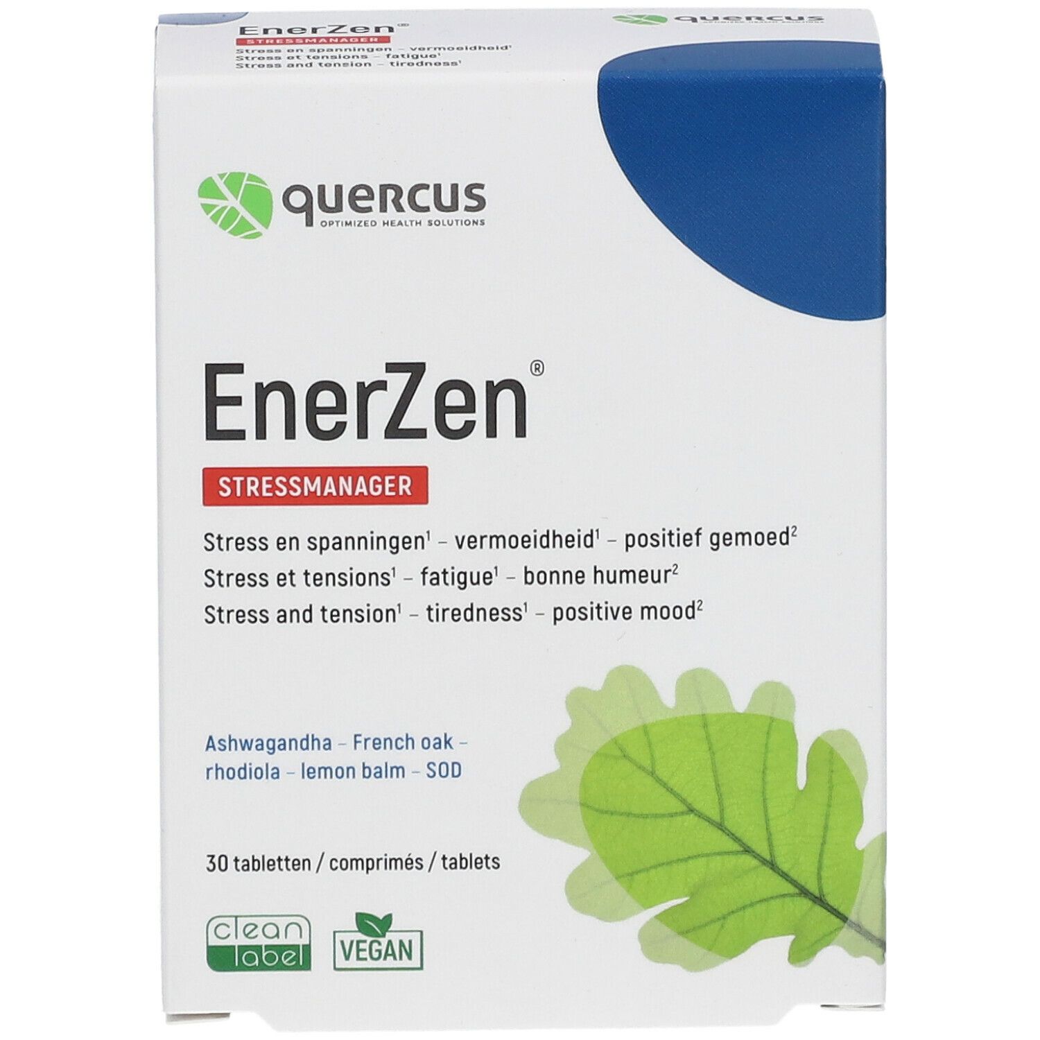 Quercus EnerZen Stressmanager verpakking. Witte doos met blauw deksel. Bevat tabletten. Opschrift: EnerZen, Stressmanager.