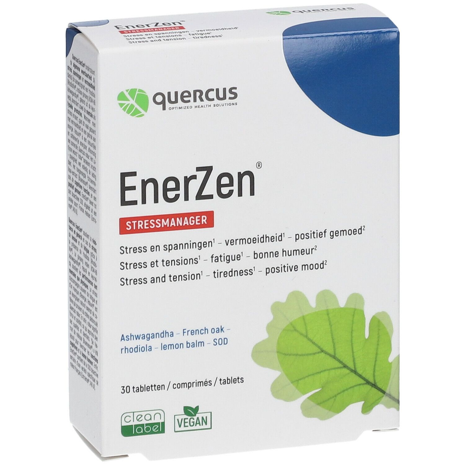 Quercus EnerZen Stressmanager verpakking. Witte doos met blauw deksel. Bevat tabletten. Opschrift: EnerZen, Stressmanager.