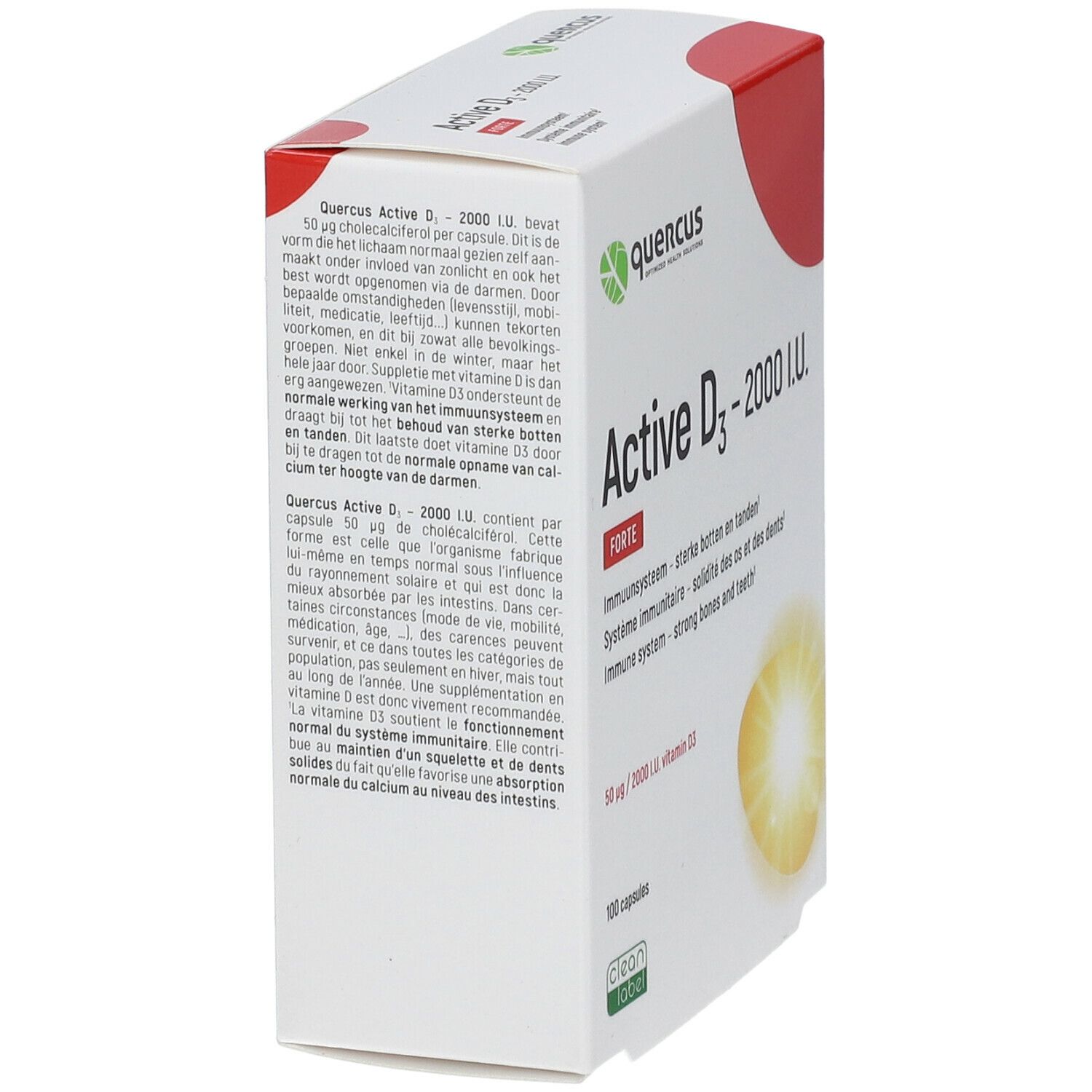 Witte doos schuin. "QUERCUS" logo en "Active D3 - 2000 I.E. Forte". Meertalige tekst. 100 capsules.