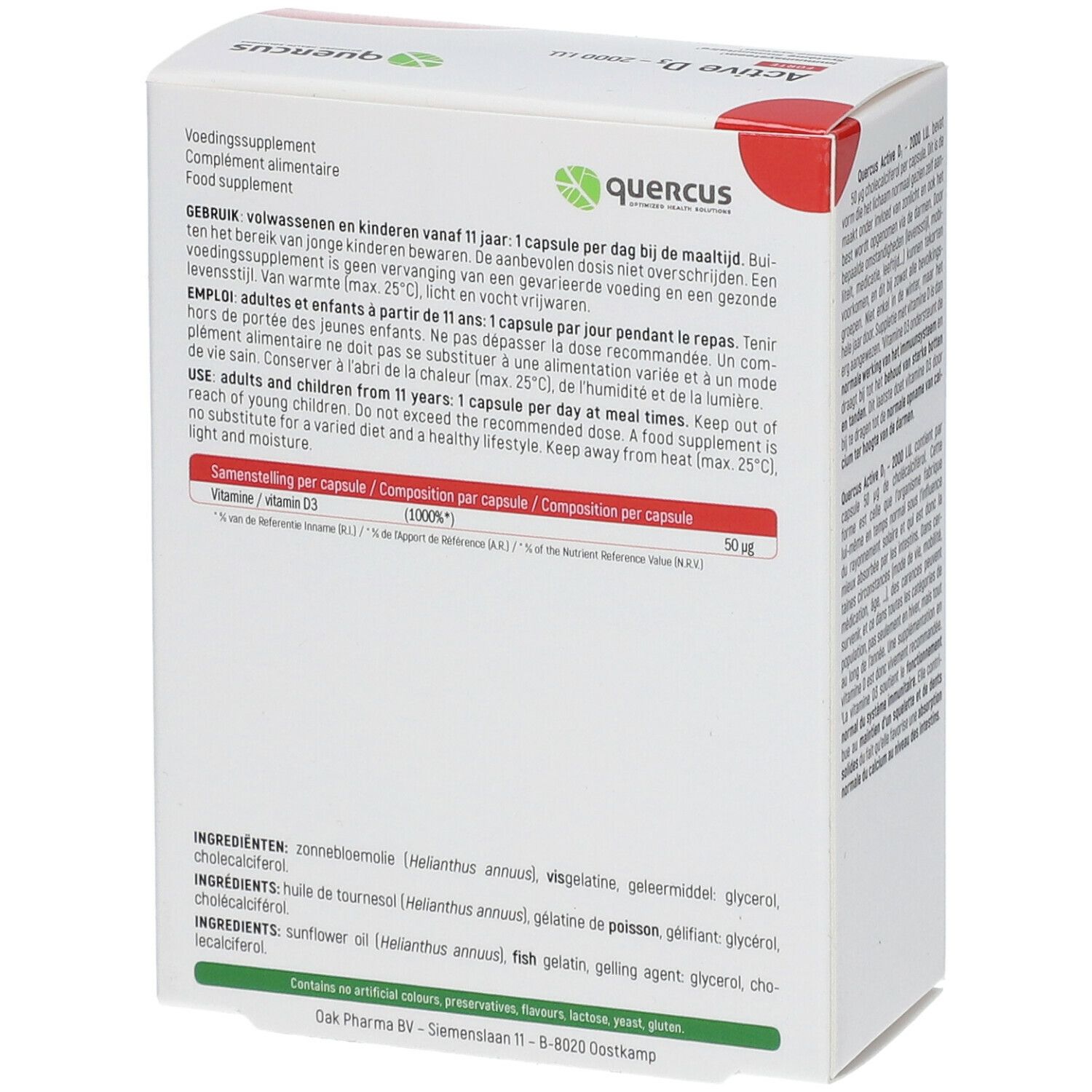 Achterkant van de witte doos. "QUERCUS" logo. Meertalige tekst, inclusief ingrediënten en instructies. "Clean Label".