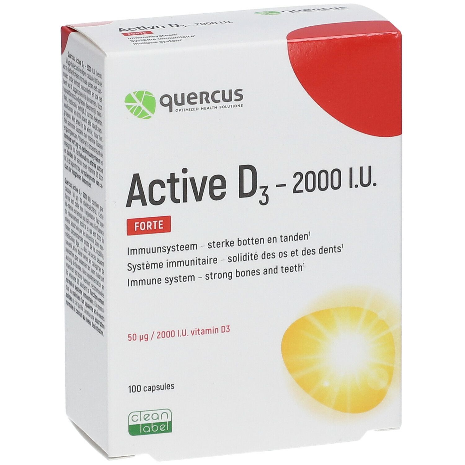 Witte doos met "QUERCUS" logo en "Active D3 - 2000 I.E. Forte". Bevat 100 capsules. "Clean Label" zegel.