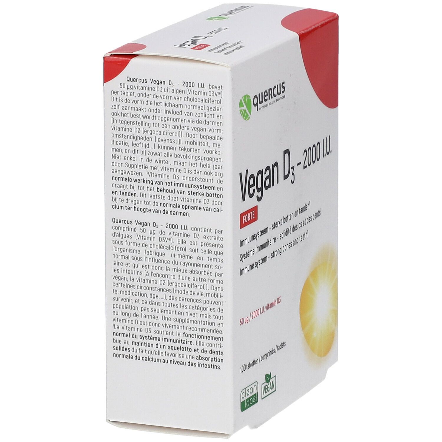 Witte doos, rode hoek. Opschrift: Vegan D3 - 2000 I.U. Forte. Tekst in Nederlands en Frans. Quercus logo.