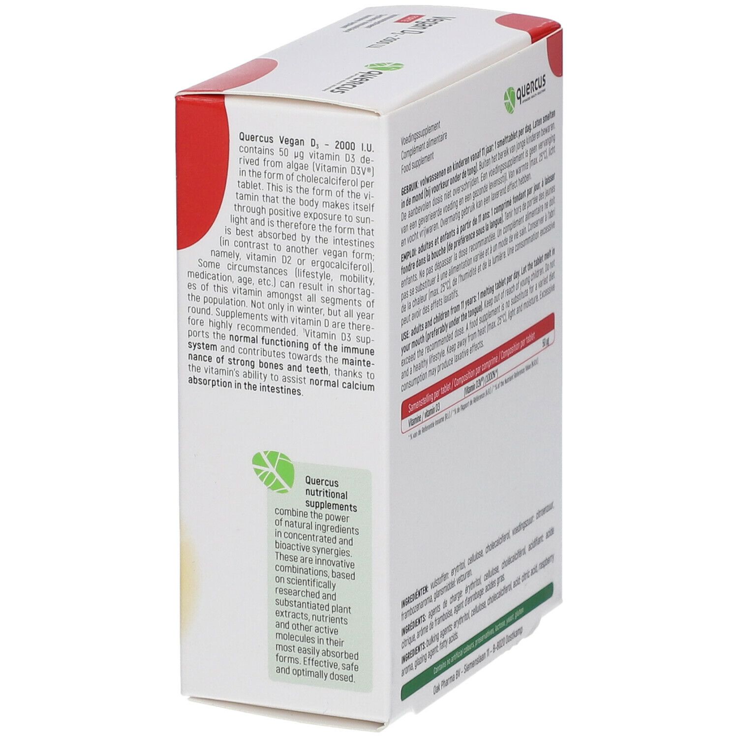 Witte doos, tekst in Nederlands en Frans. Quercus logo. Groen-wit logo: Quercus Nutrients.