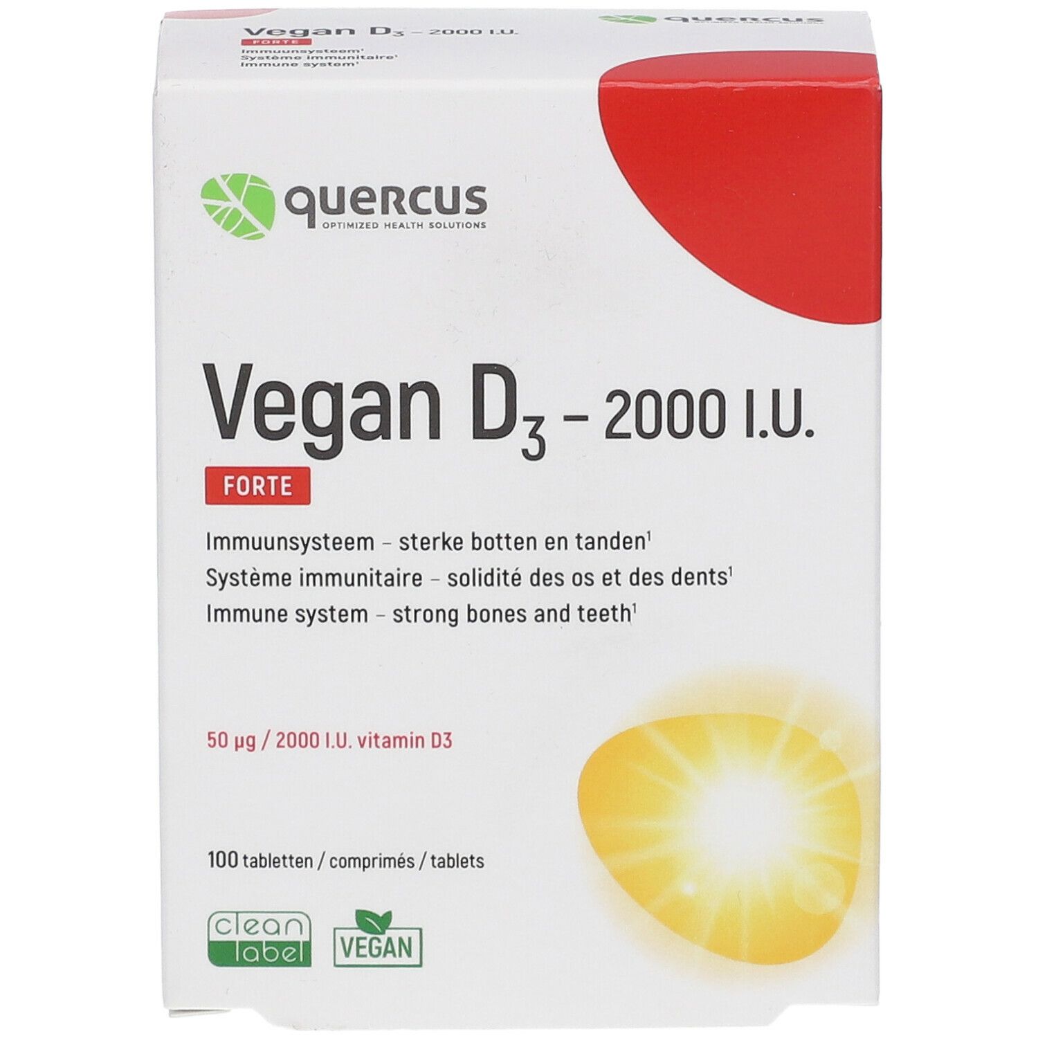 Witte doos met rode deksel. Opschrift: Vegan D3 - 2000 I.U. Forte. Bevat 100 tabletten. Quercus logo.